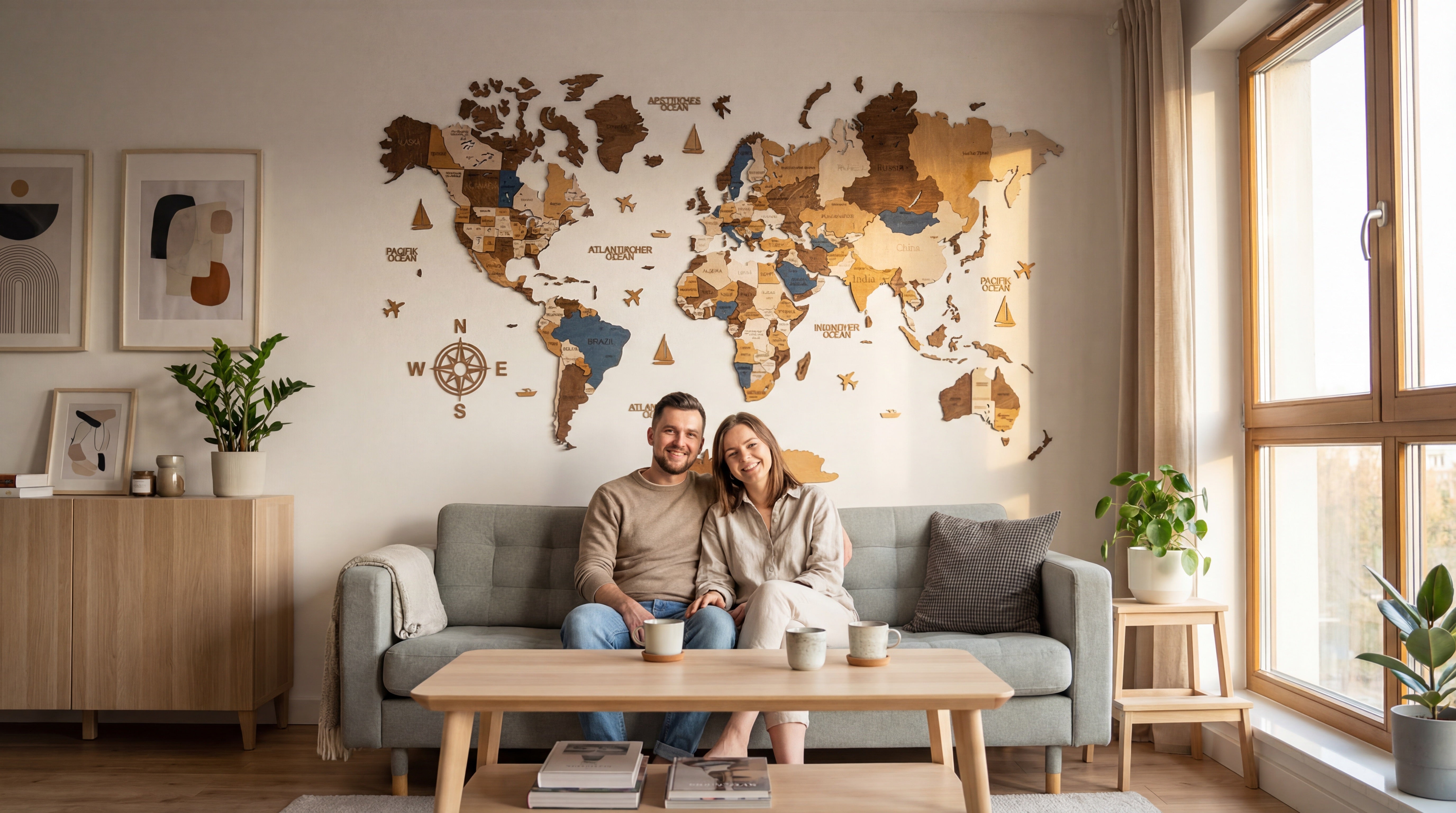European living room with a Natural Wood birch plywood world map mounted above a low linen sofa, WOW WOOD focal anchor