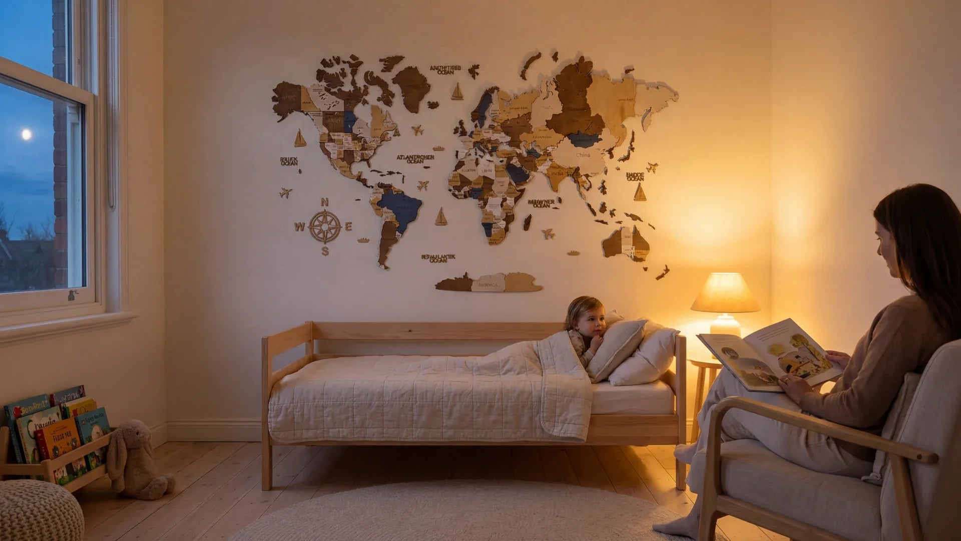 WOW WOOD Multicolor 3D wooden world map above a child's bed in a calm, warmly lit evening bedroom, birch plywood with no-drill mounting