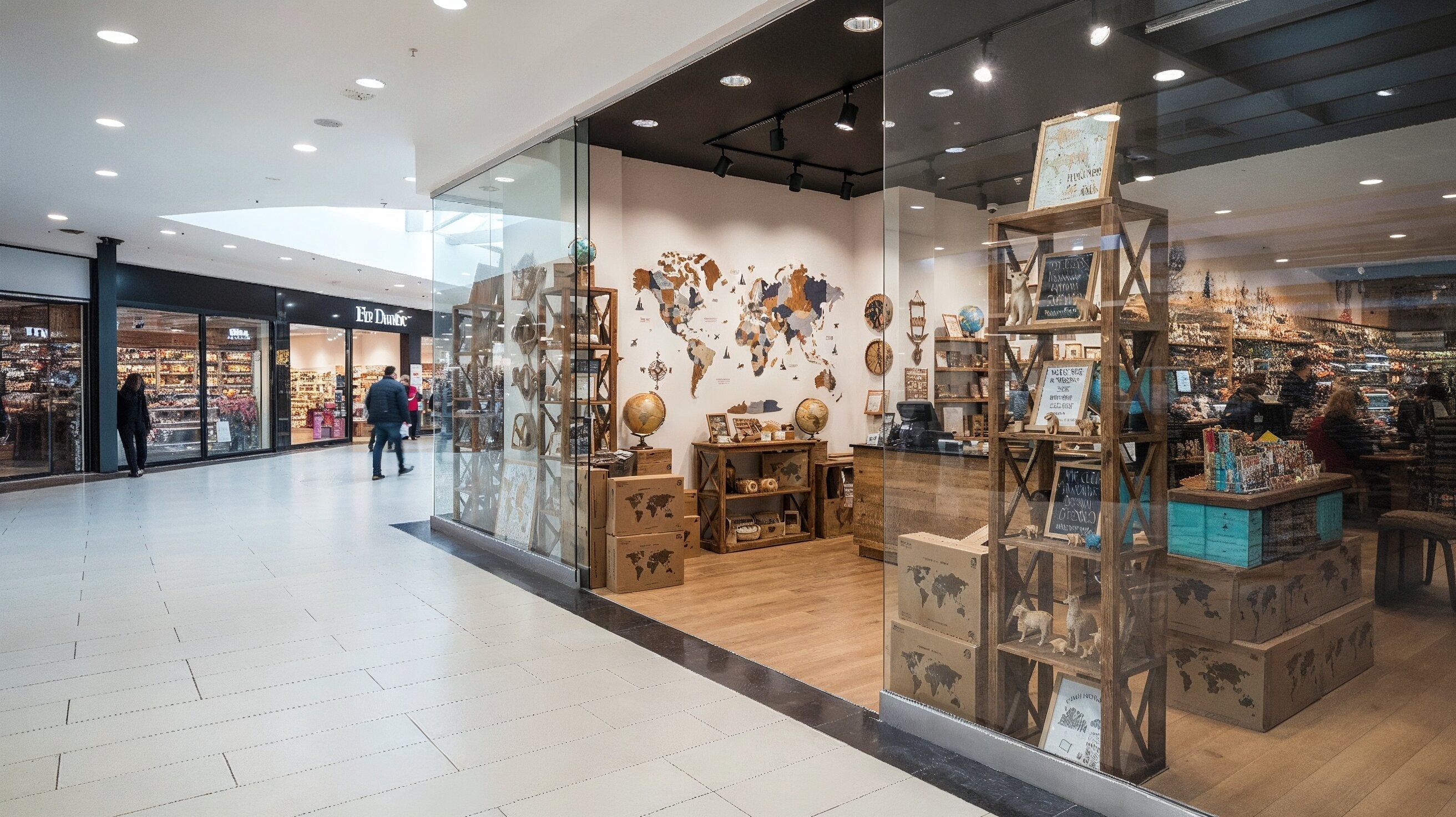 Eye-catching wooden world map display draws shopper attention