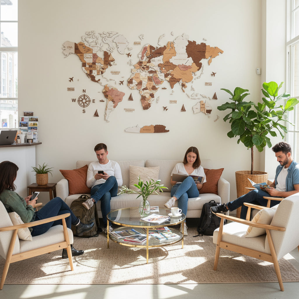 Office reception featuring an XL wooden world map on the wall