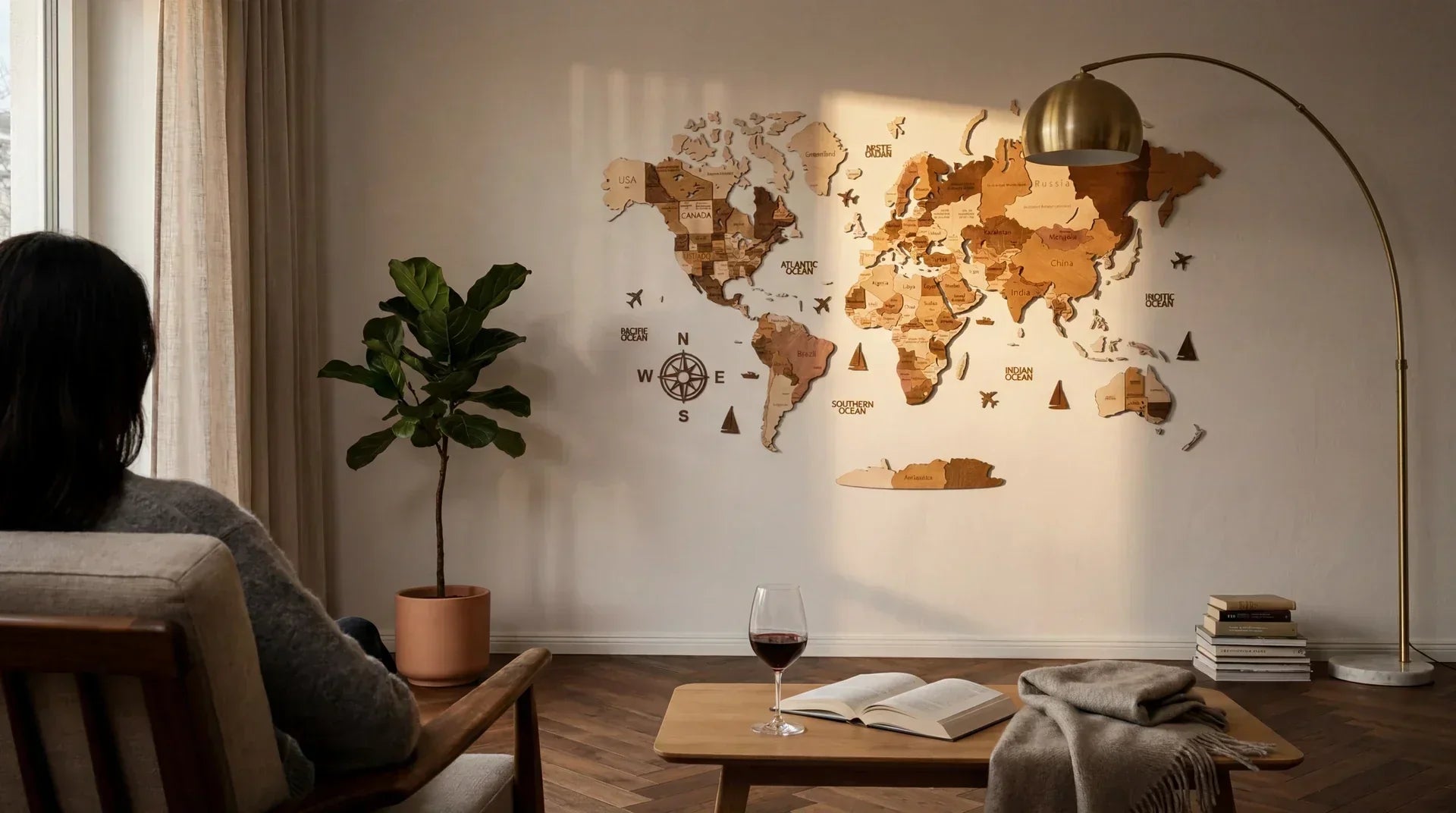 WOW WOOD Natural Wood 3D wooden world map seen from a reading chair in a personal home — birch plywood