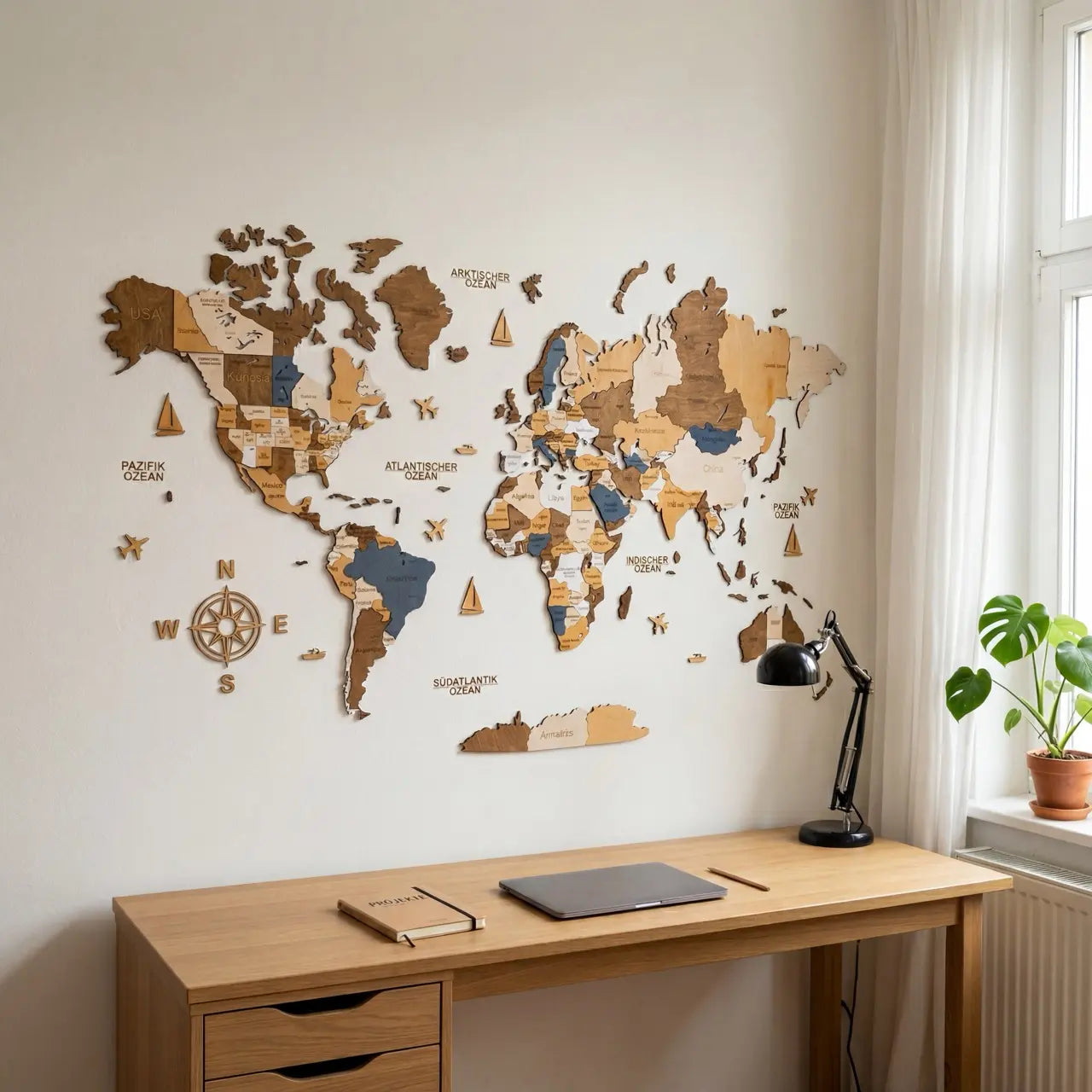 WOW WOOD Multicolor birch plywood world map in home office — five earth tones behind a modern workspace