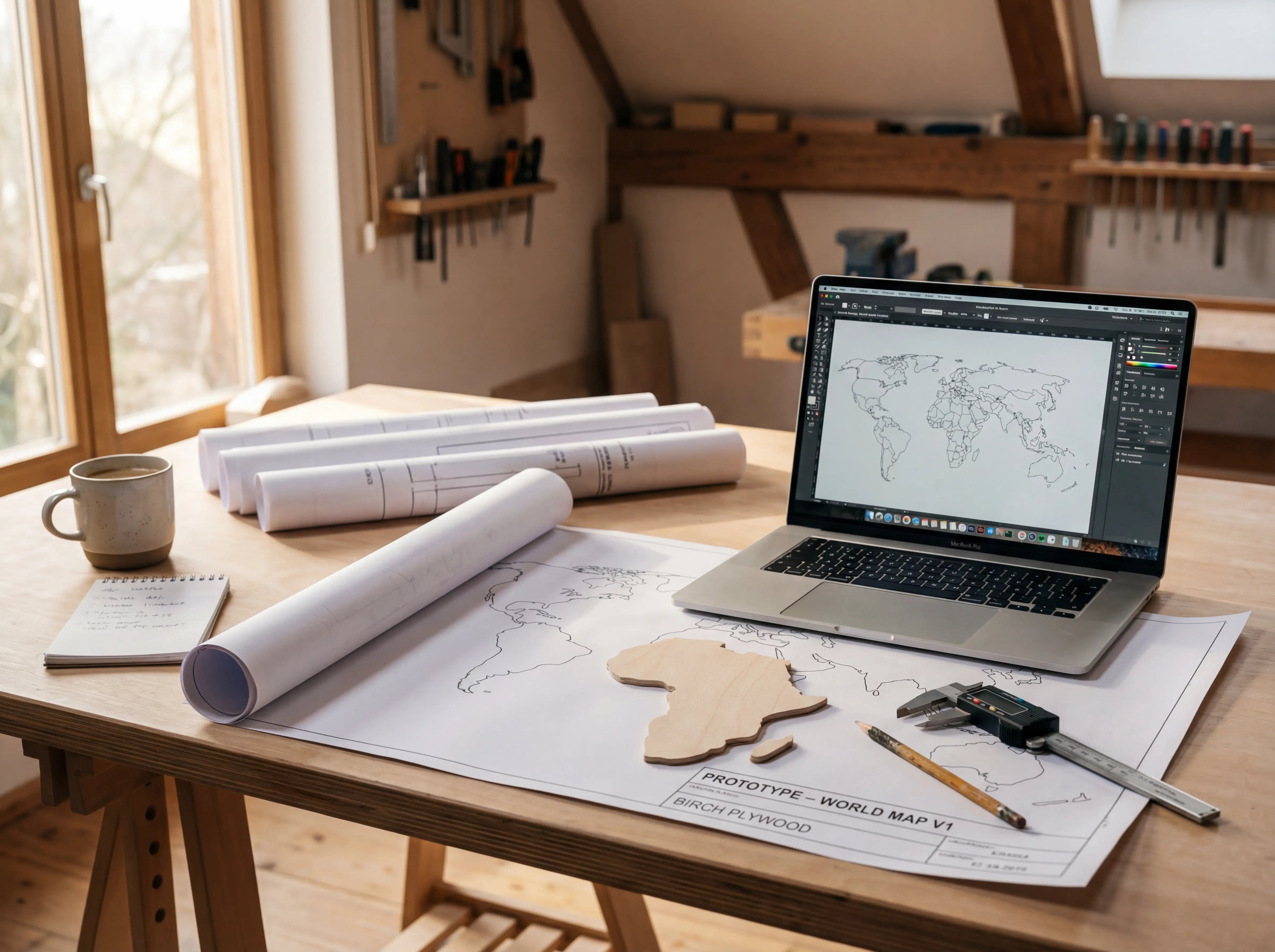 WOW WOOD 2022 — brand founded, first birch plywood world map prototypes designed in Europe