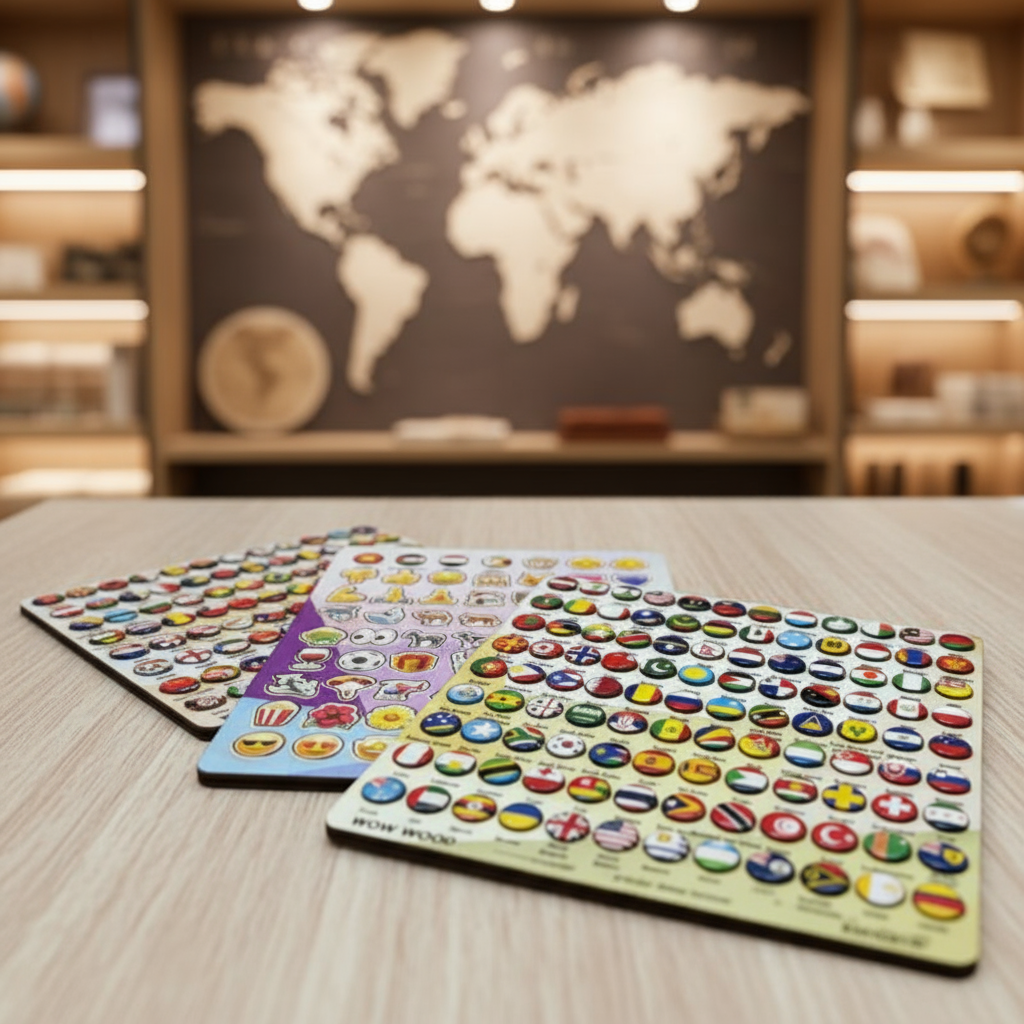 Wooden World Maps with Pins Flag & Emoji