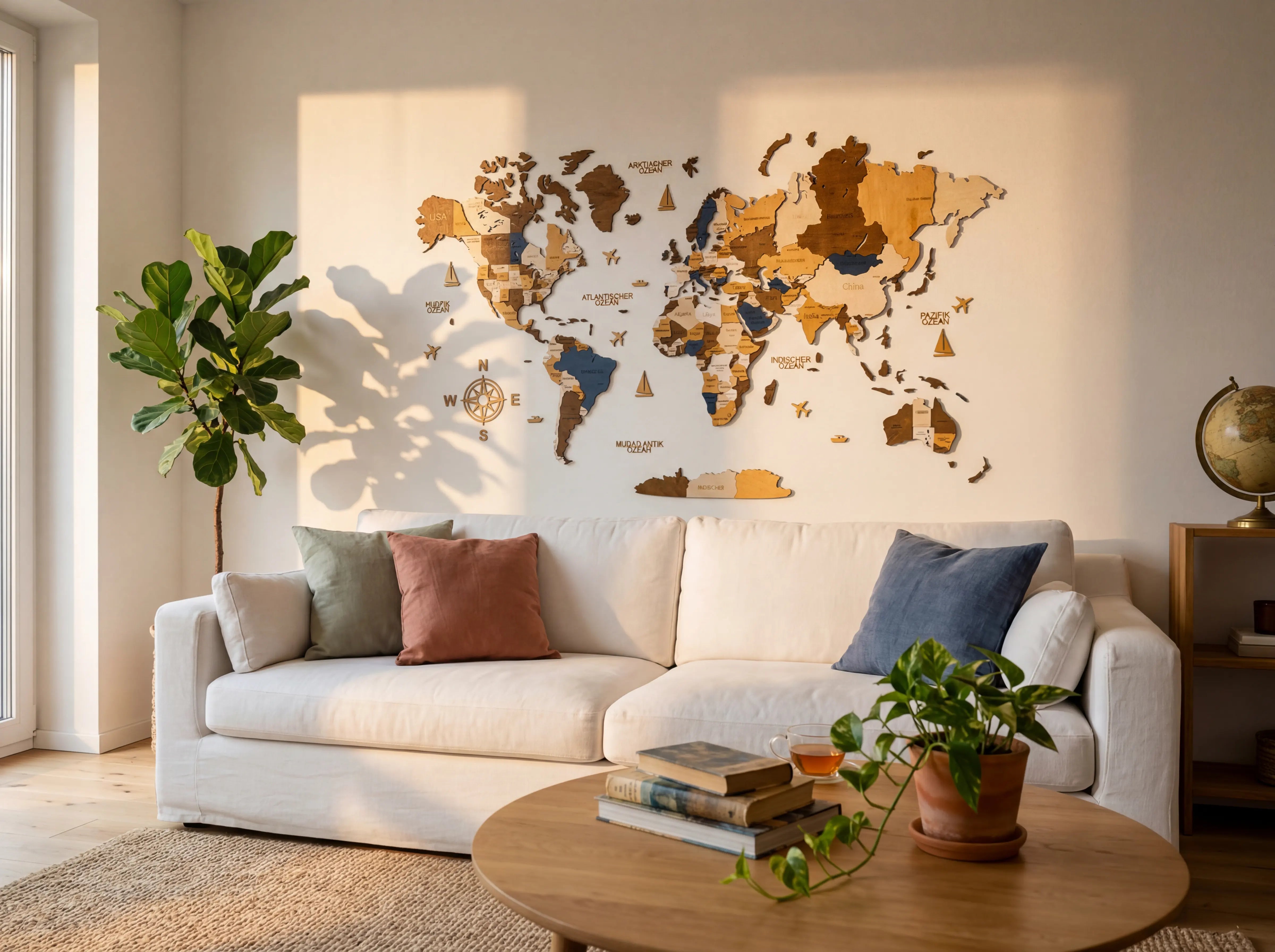 WOW WOOD Multicolor 3D wooden world map in bright family living room with colorful decor and plants