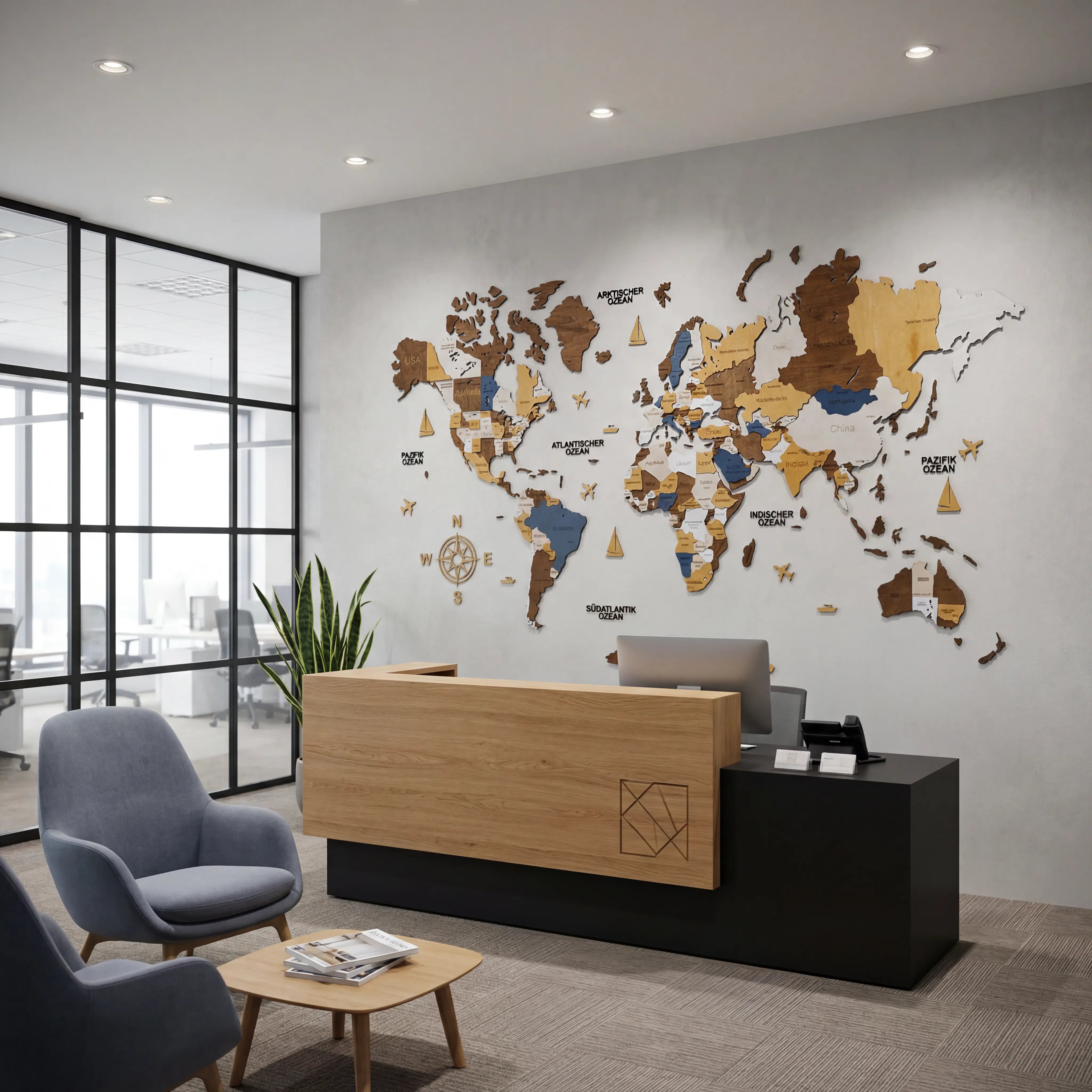 WOW WOOD Multicolor 3D wooden world map Size XL in modern office reception area with concrete wall and German labels