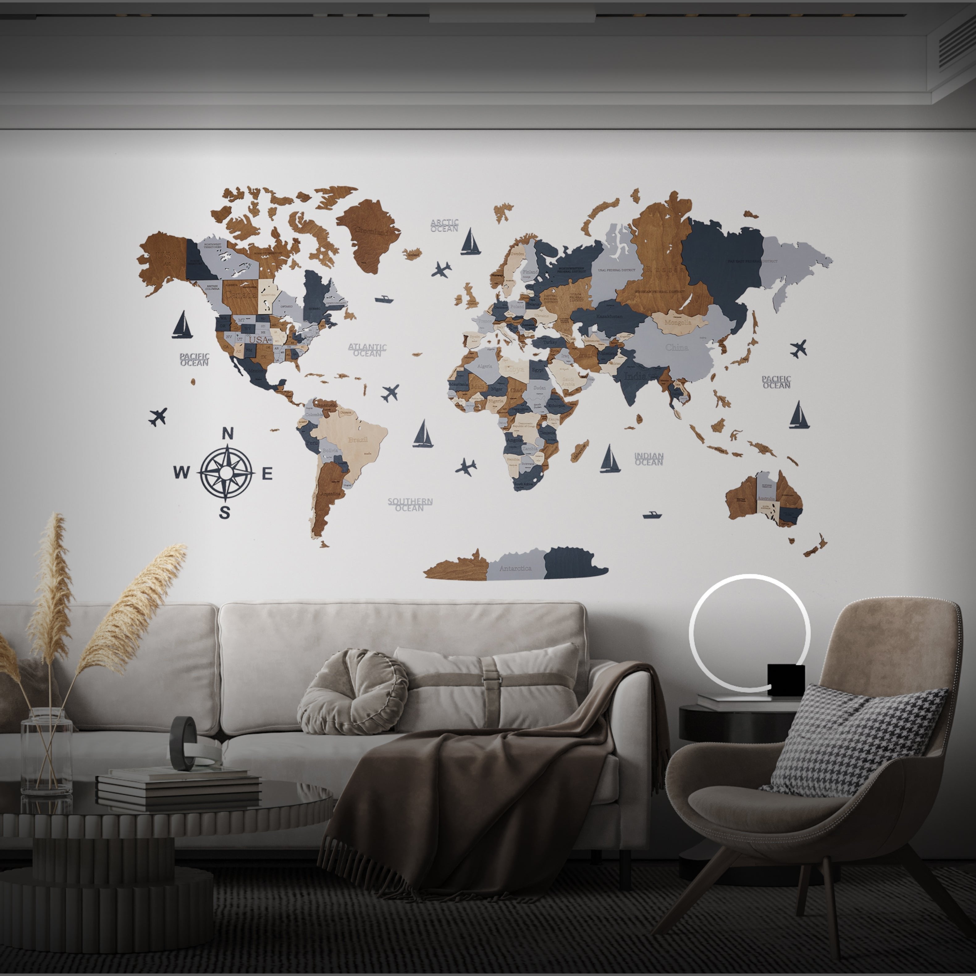 Mappa del mondo in legno - Colori marrone scuro, grafite e legno chiaro | Grande decorazione da parete per gli amanti dei viaggi | Disponibile in inglese, tedesco, italiano e francese