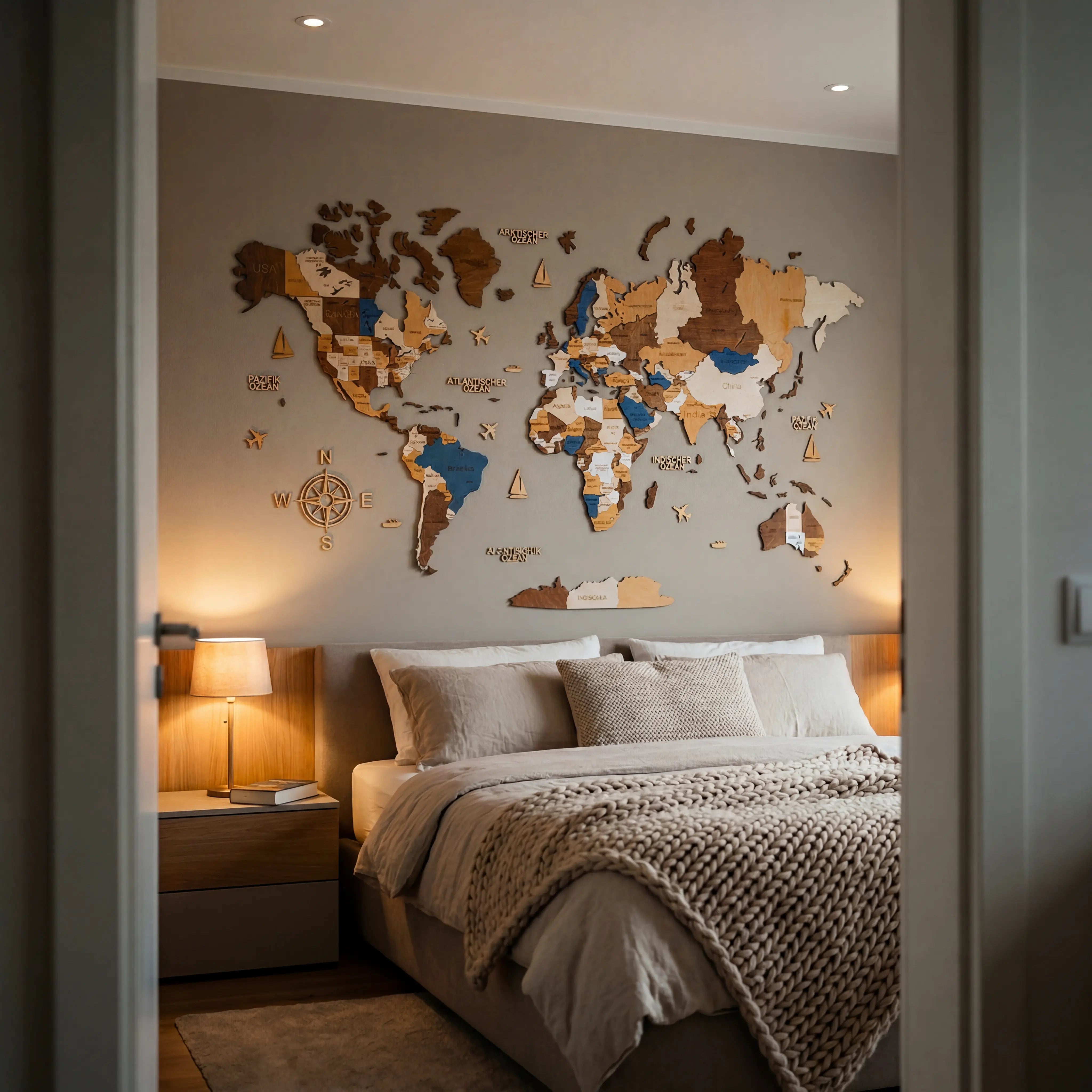 WOW WOOD 3D wooden world map Multicolor finish in cozy bedroom above bed