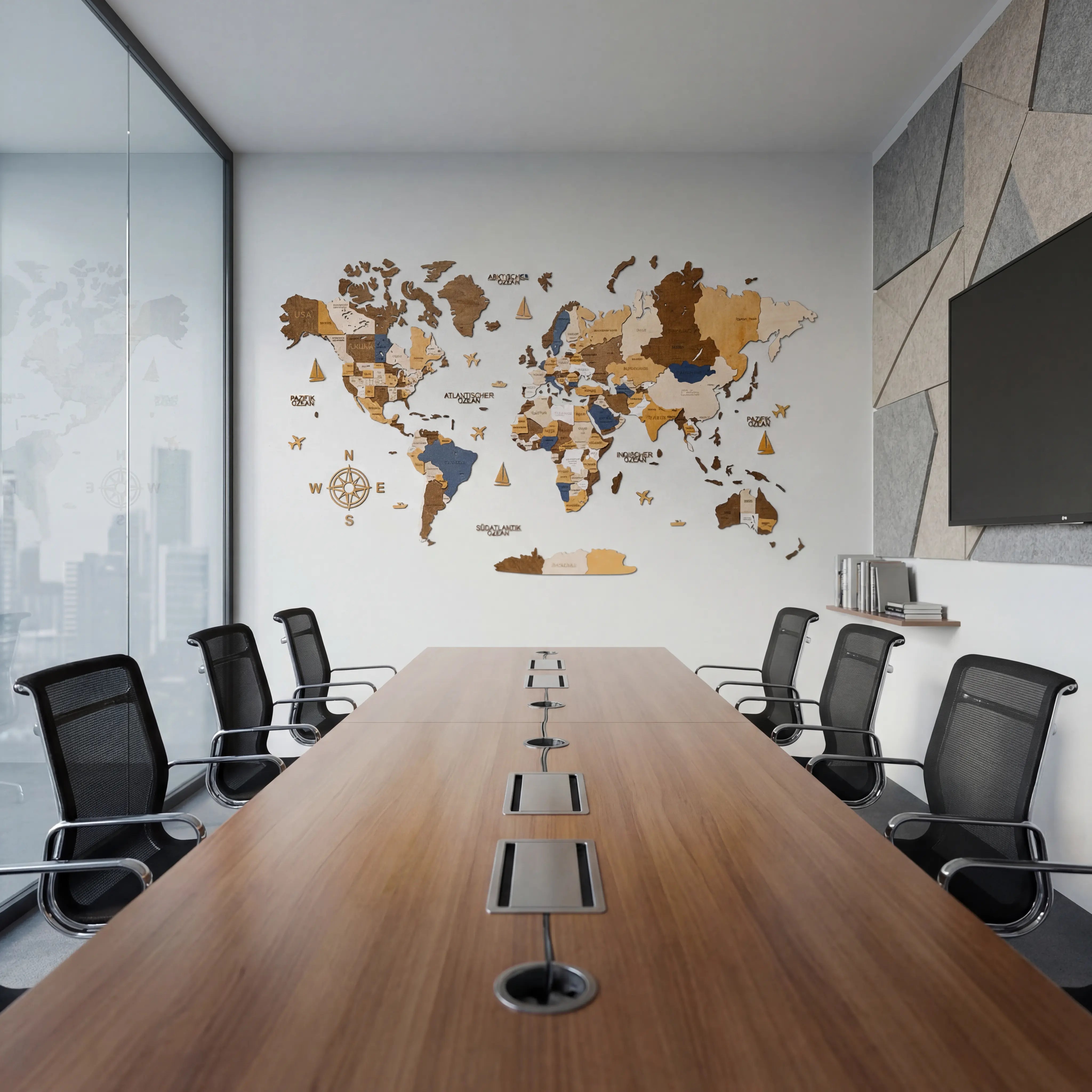 WOW WOOD 3D wooden world map Multicolor finish in modern conference room