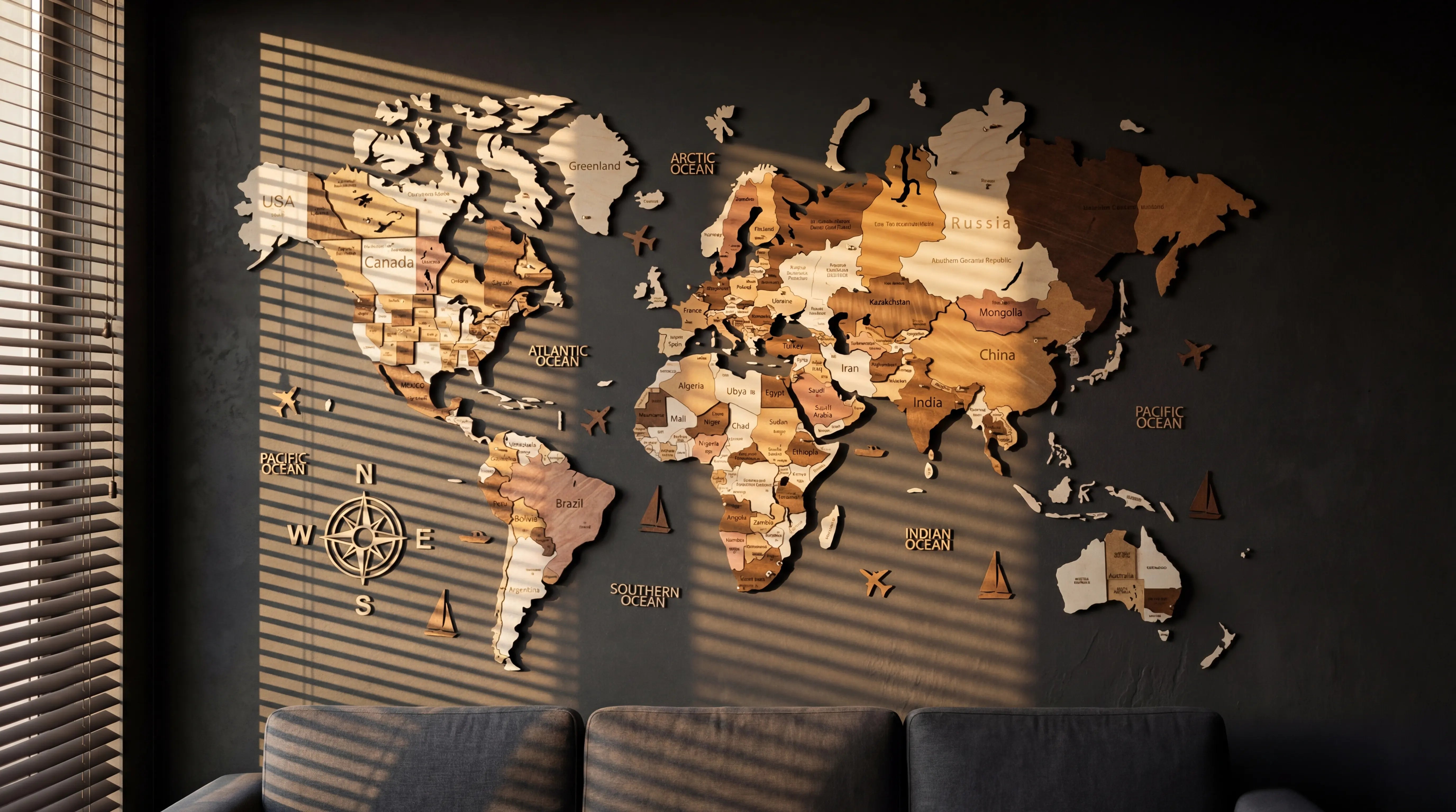WOW WOOD 3D wooden world map Natural Wood finish in Scandinavian living room with natural decor