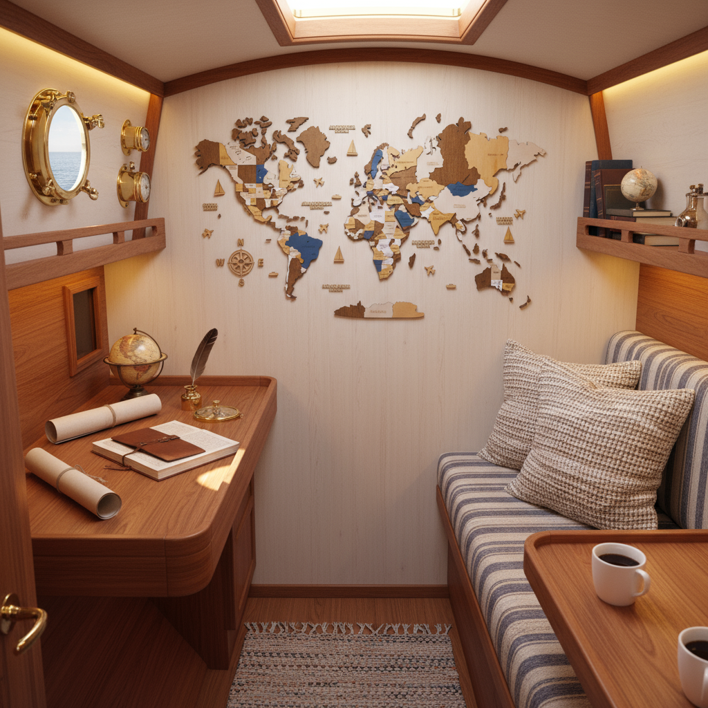 Wooden World Maps In the yacht cabin