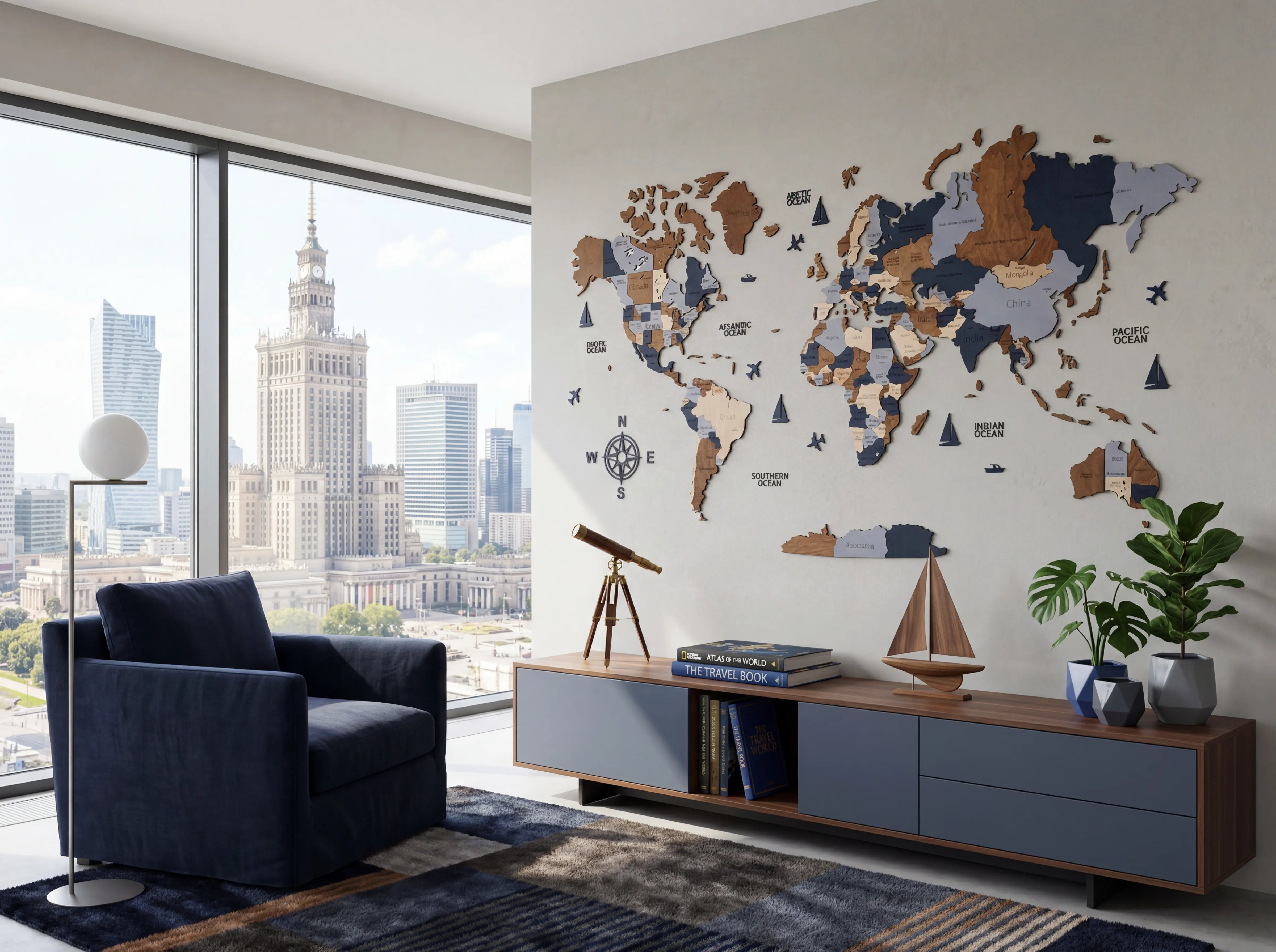 Weltkarte aus Holz – Dunkelbraun, Graphit und helle Holzfarben | Große Wanddekoration für Reiseliebhaber