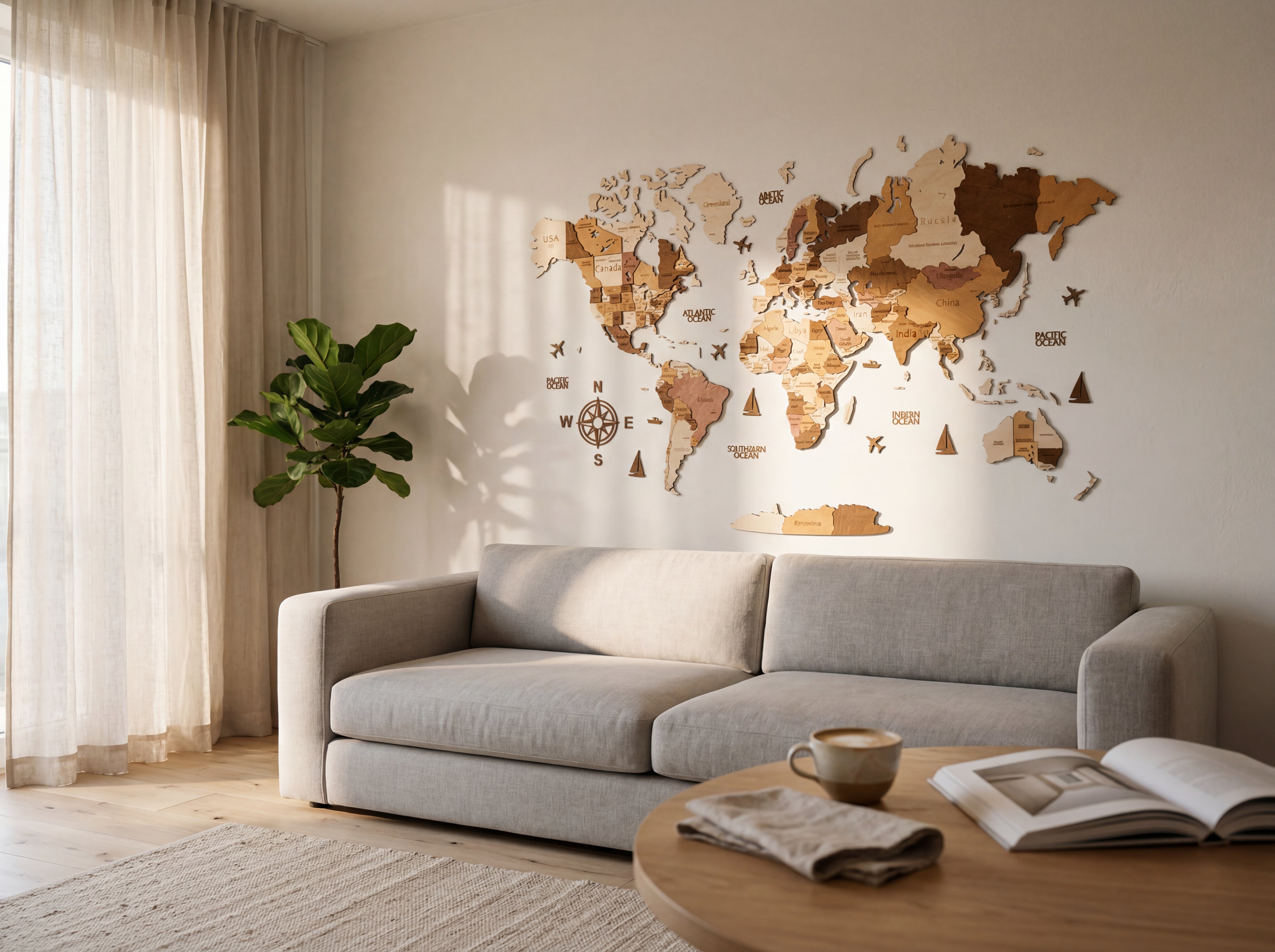 WOW WOOD 3D wooden world map Naturholz finish in Scandinavian Wohnzimmer — untreated Birkensperrholz with visible Holzmaserung
