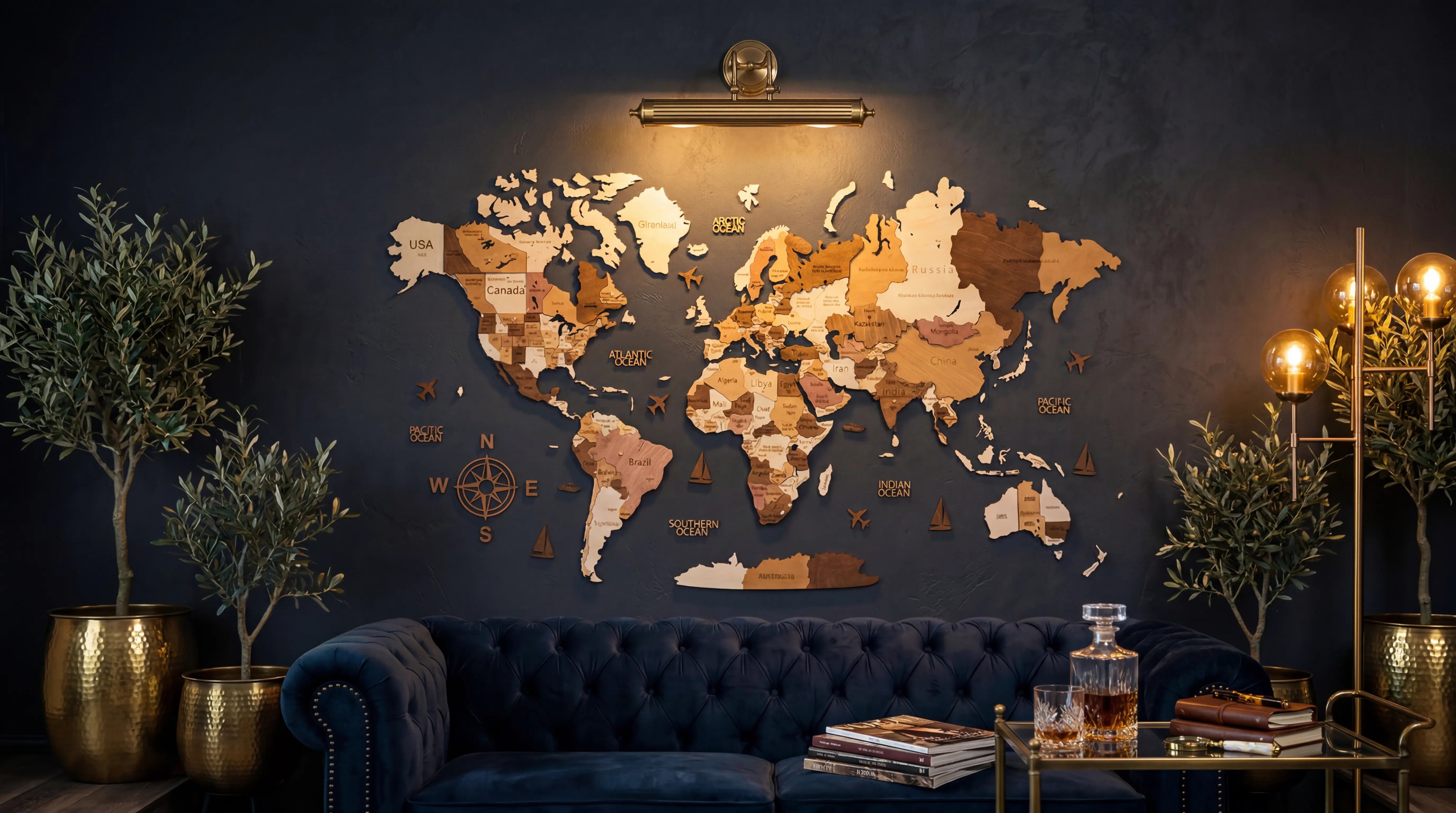 WOW WOOD 3D wooden world map — Natural Wood finish — mounted on living room wall, birch plywood