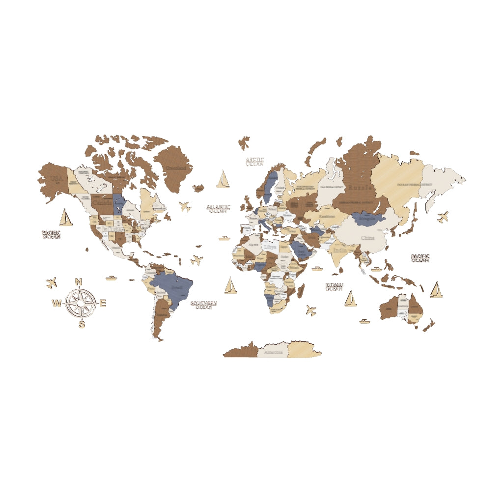Mappa del mondo in legno - Colorazione multicolore | Grande decorazione da parete per gli amanti dei viaggi