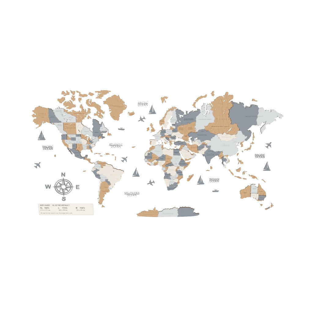 3D Wooden World Map — Dark Brown