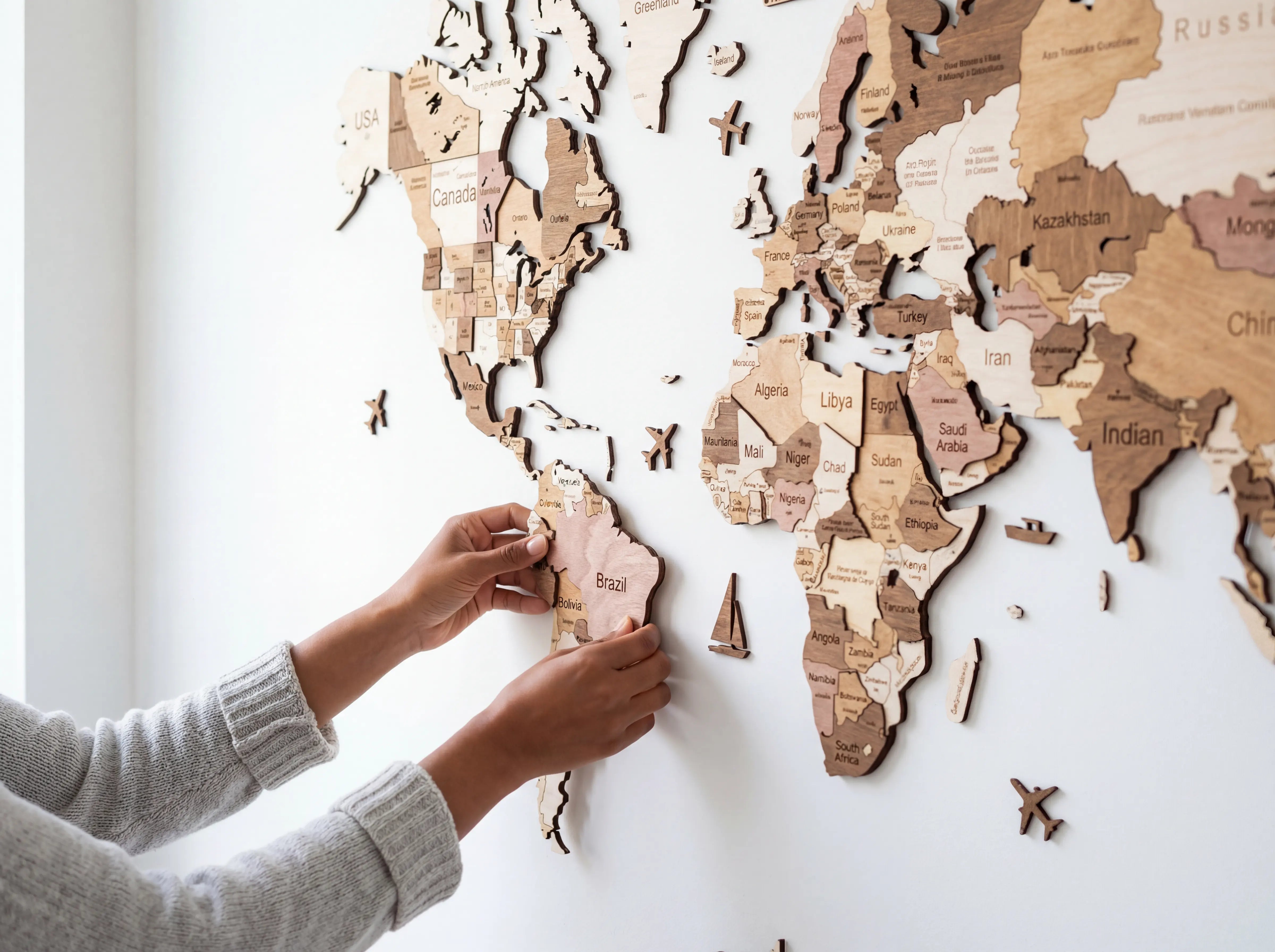 WOW WOOD no-drill installation — acrylic adhesive dots for mounting 3D wooden world map without holes in the wall