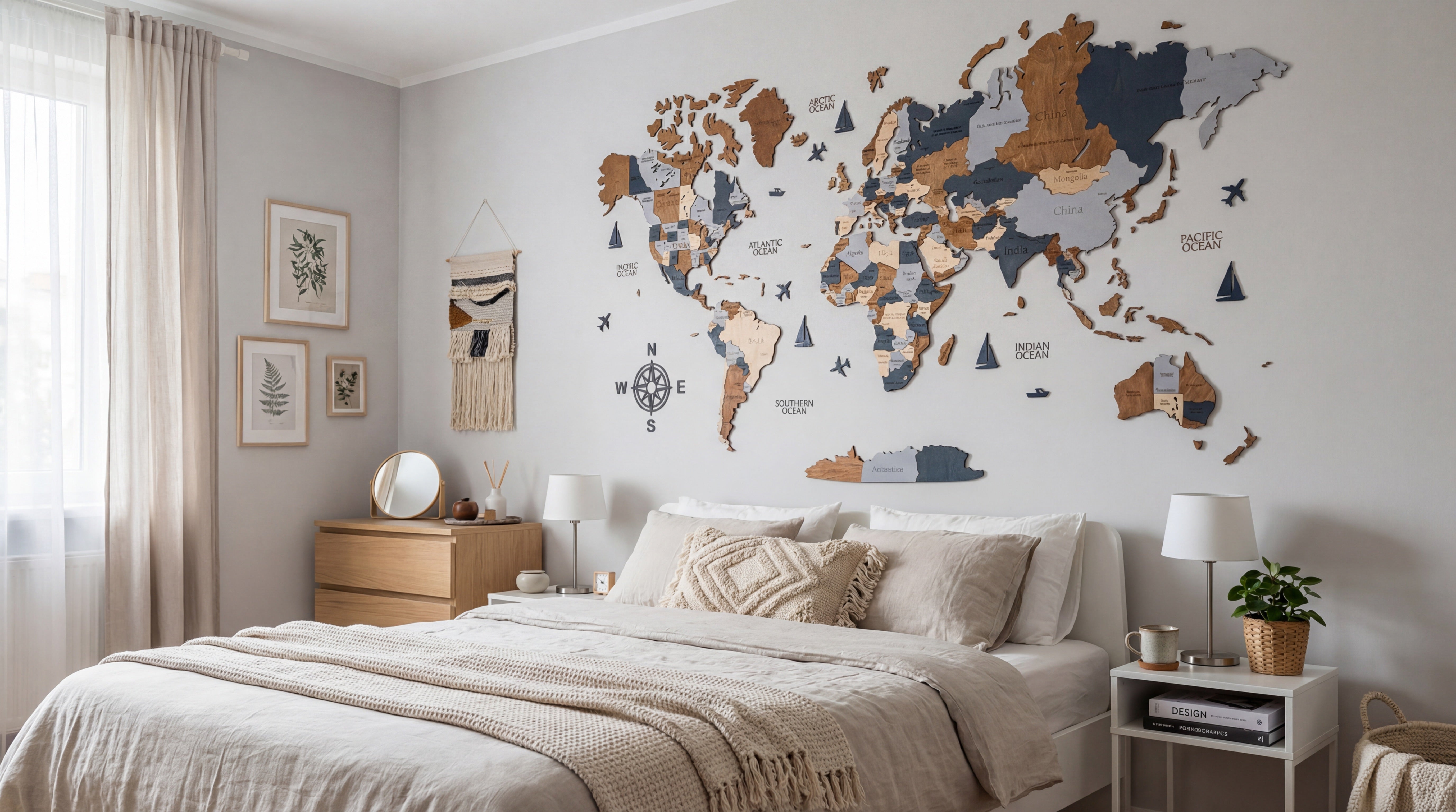 Modern bedroom in beige tones and wooden world map above the bed