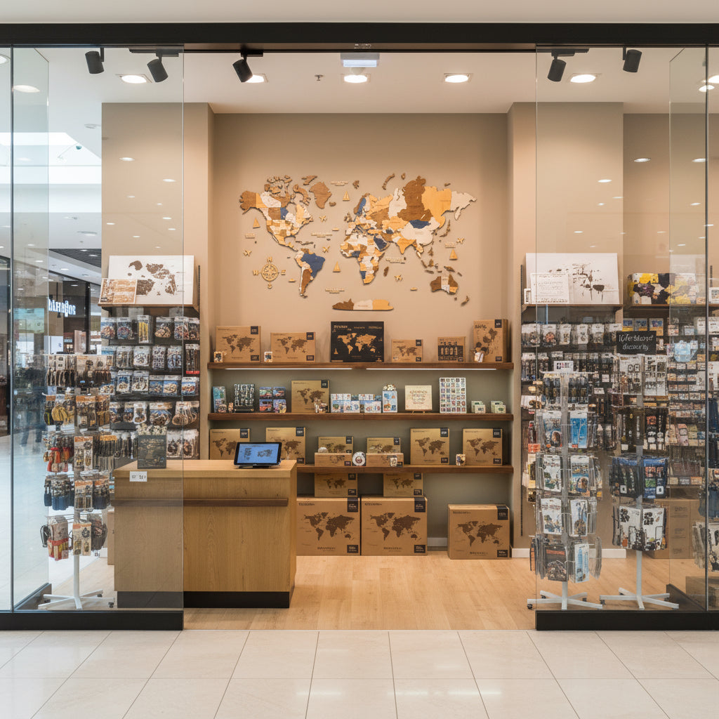 Shelf with M/L boxes and an XL wooden world map mounted on the wall