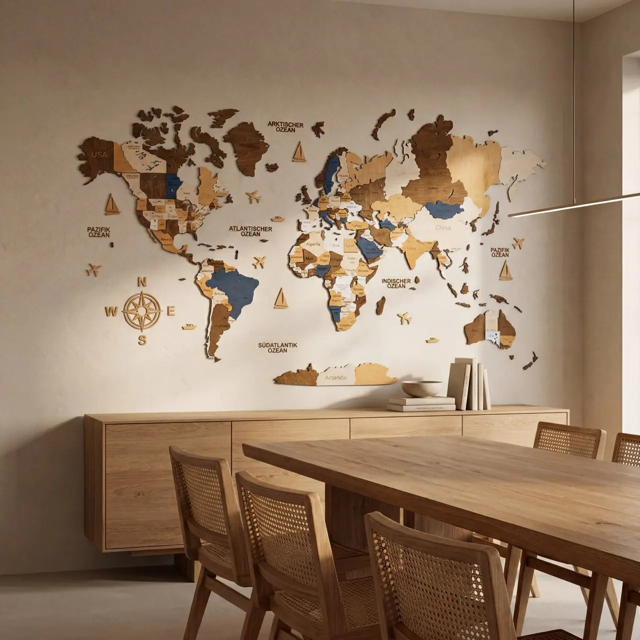 WOW WOOD Multicolor 3D wooden world map Size XL in modern dining room — five earth tones as conversation starter