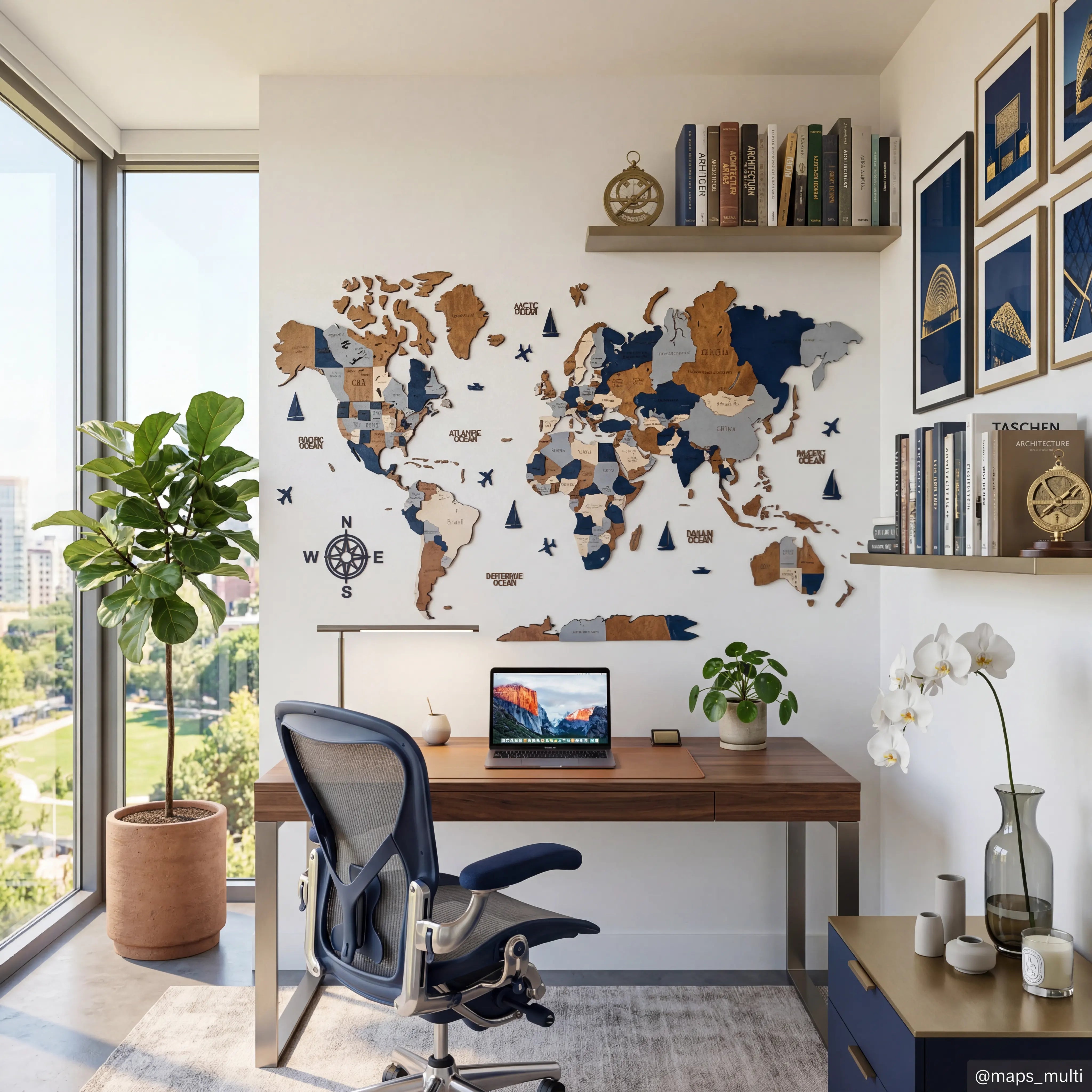WOW WOOD 3D wooden world map Dark Brown finish in home office above desk