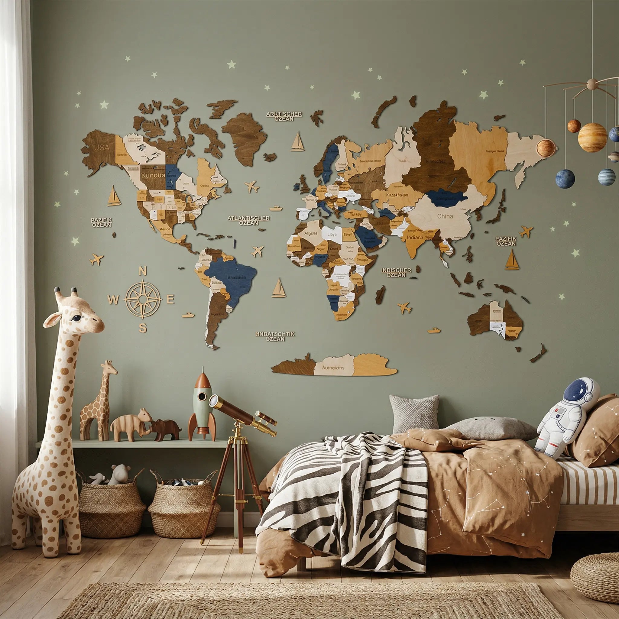 WOW WOOD 3D wooden world map Multicolor finish in children's room with educational decor