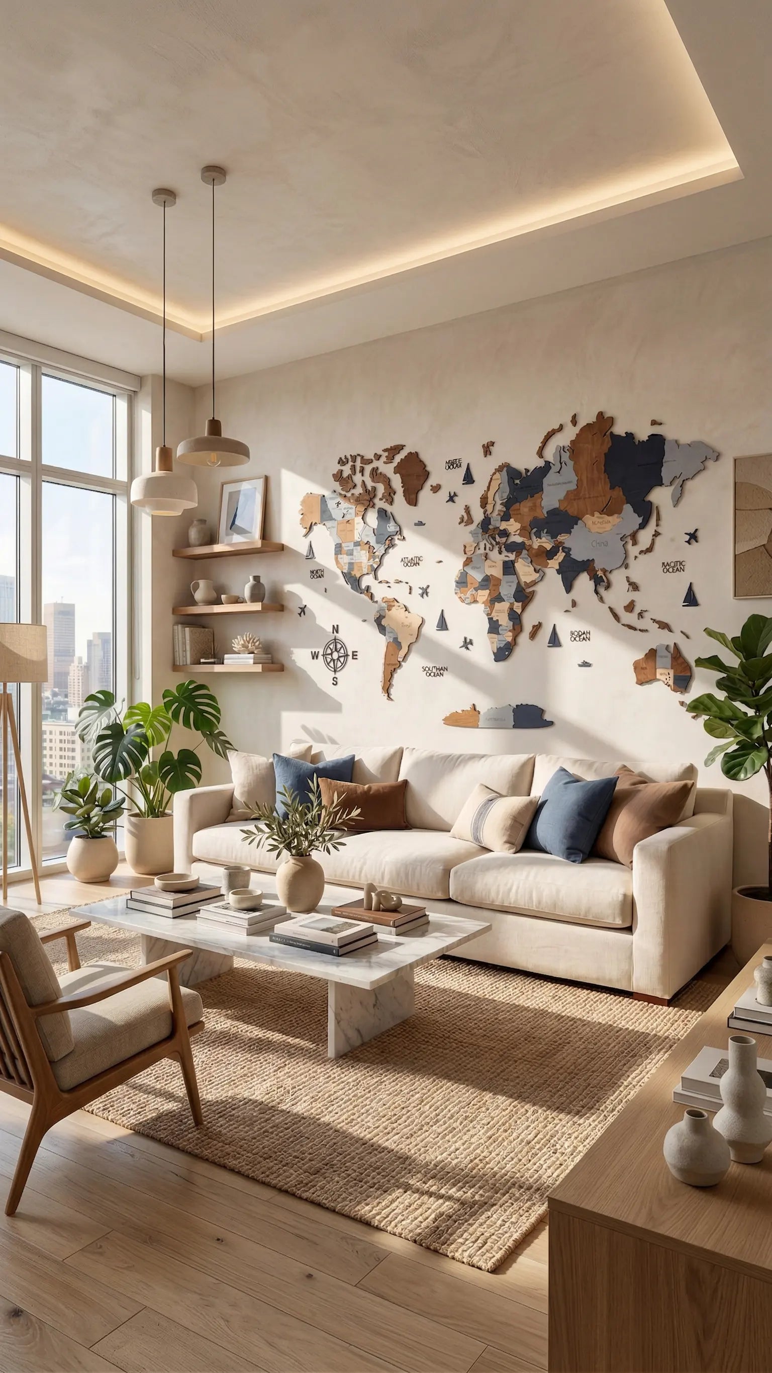 WOW WOOD 3D wooden world map Multicolor finish in living room with ambient LED ceiling lighting