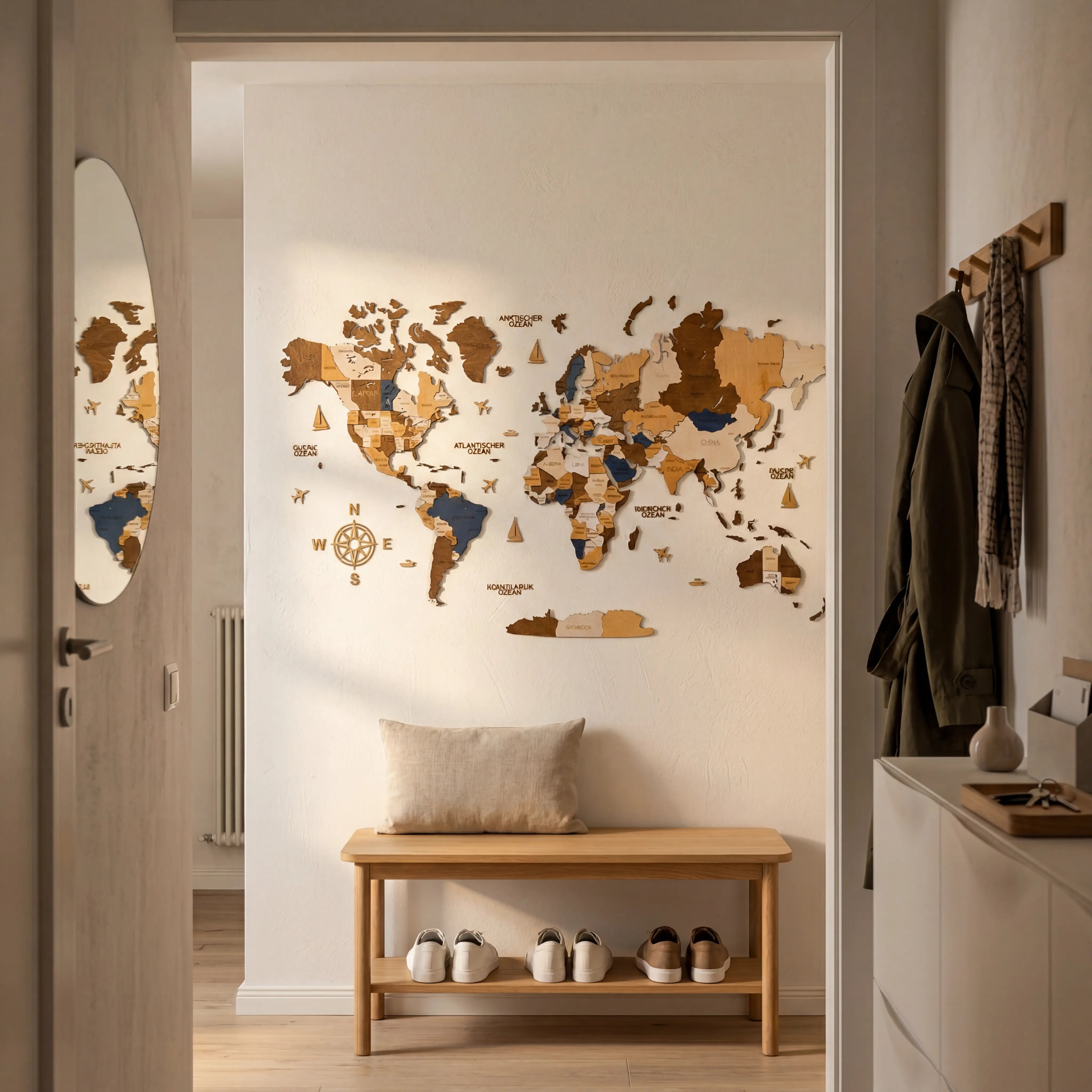 WOW WOOD 3D wooden world map Natural Wood finish in bright hallway entryway