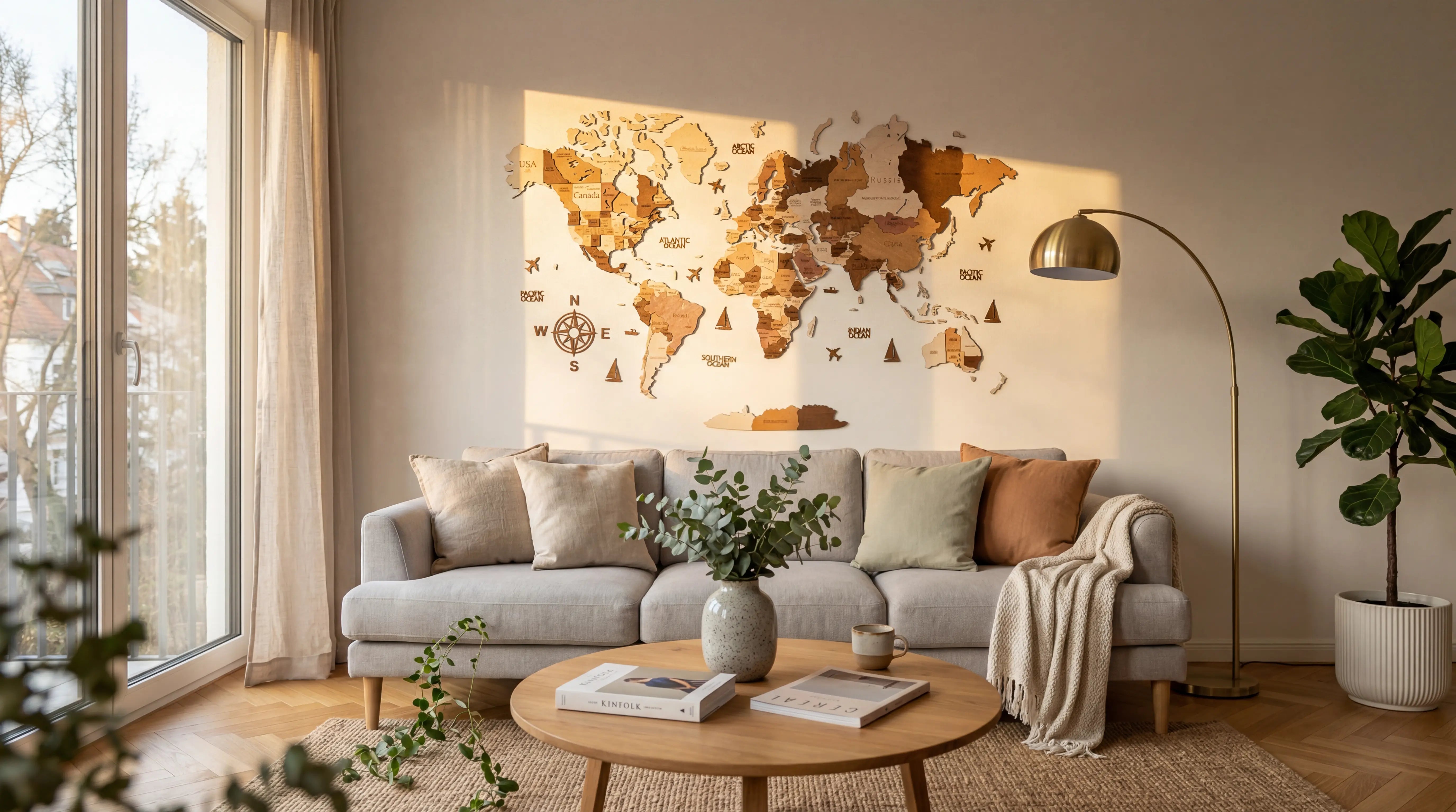 WOW WOOD 3D wooden world map Natural Wood finish displayed on living room wall above modern sofa — birch plywood, precision laser-cut