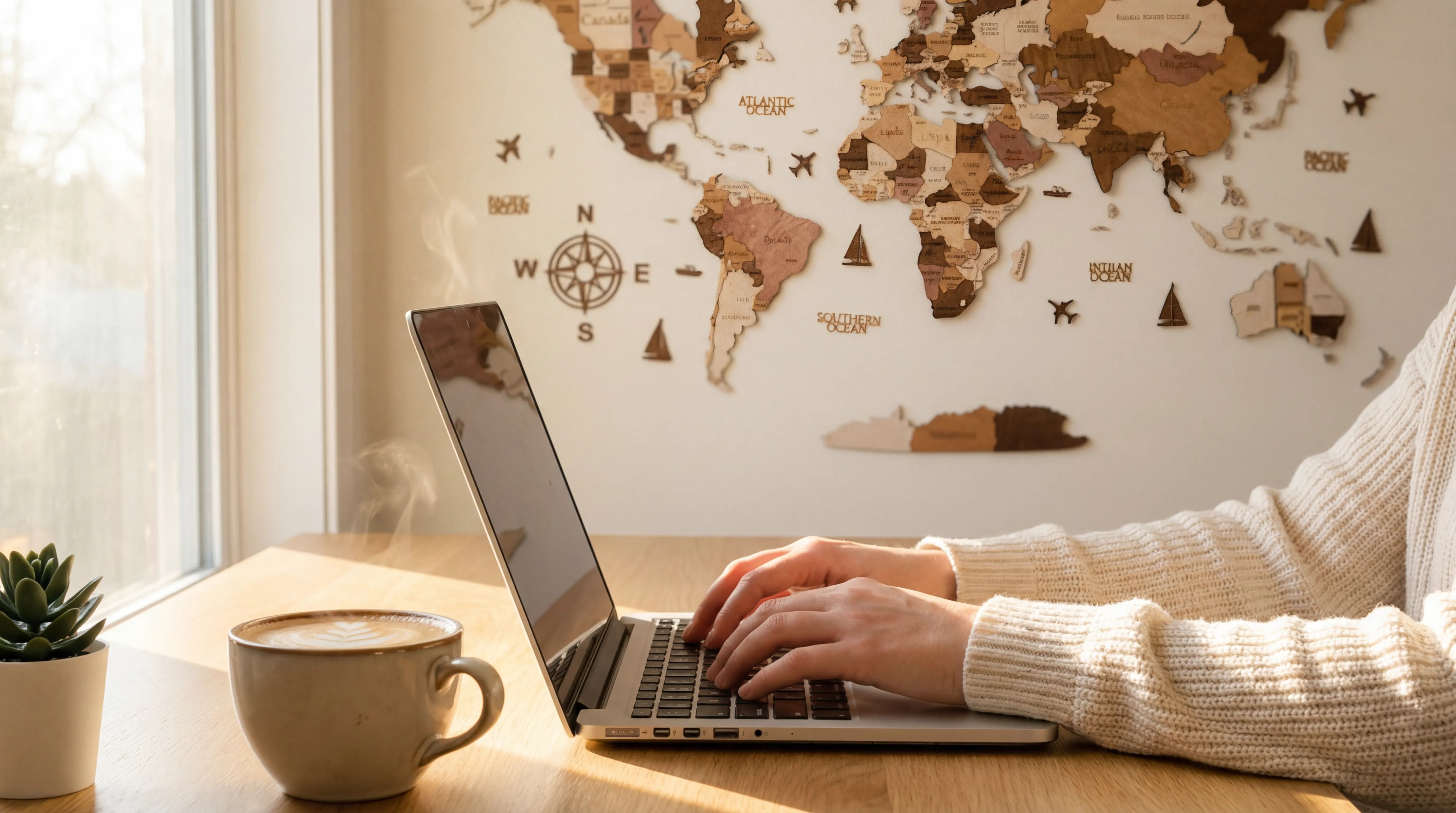 WOW WOOD 3D wooden world map in a bright modern living room — contact customer support via WhatsApp or email
