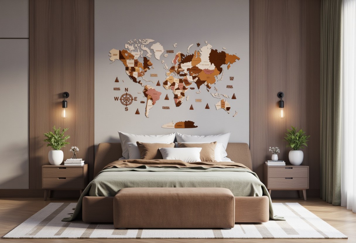 Wooden world map for bedroom — Scandinavian style wall decor