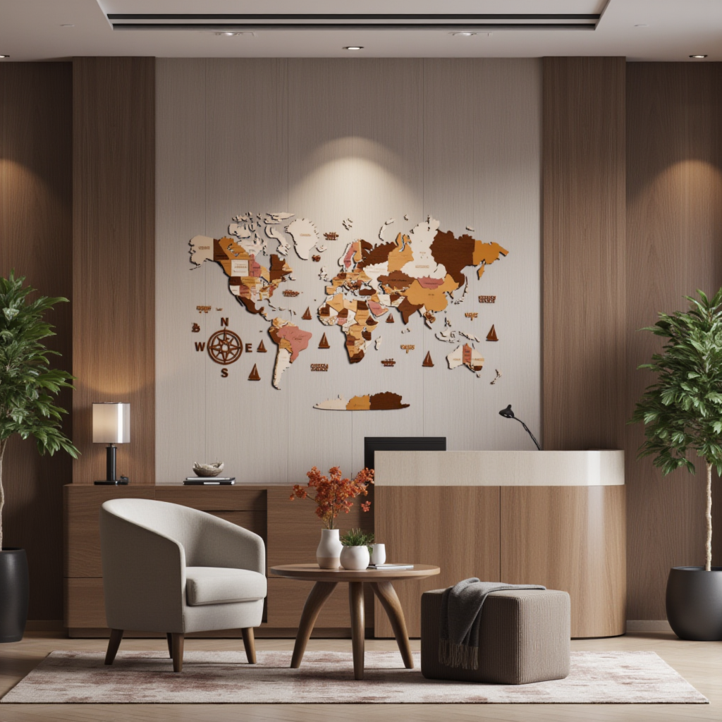 Wooden wall map for Hotel Lobby  — travel-inspired interior decor