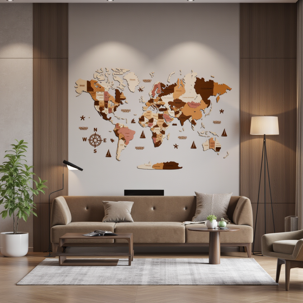 3D wooden world map for living room — handmade wooden wall art