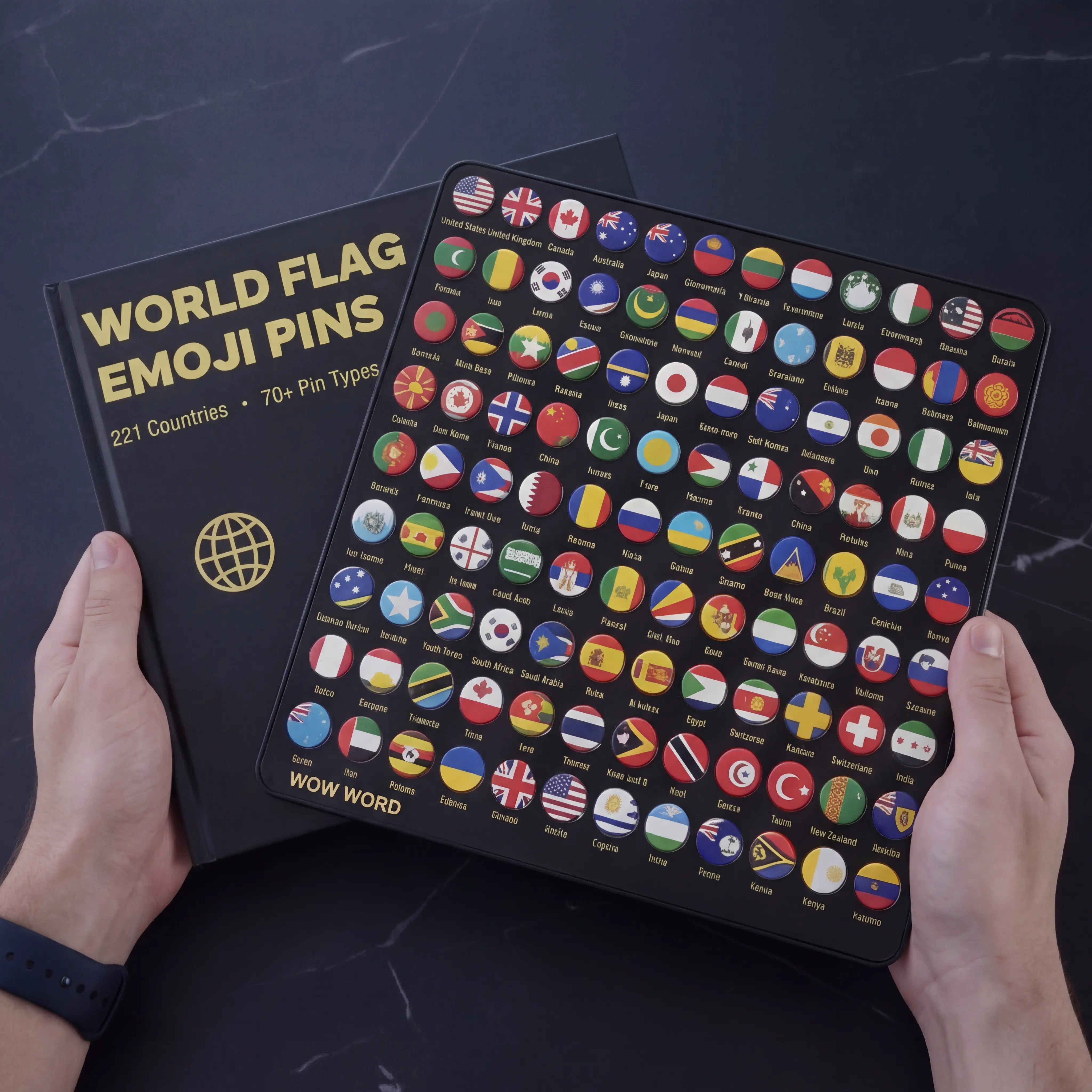 Wooden flag pins and emoji pins — mark your travels, memories, and bucket list