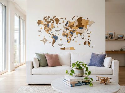 WOW WOOD 3D wooden world map Multicolor finish with five earth tones in family living room — birch plywood base with colored continents