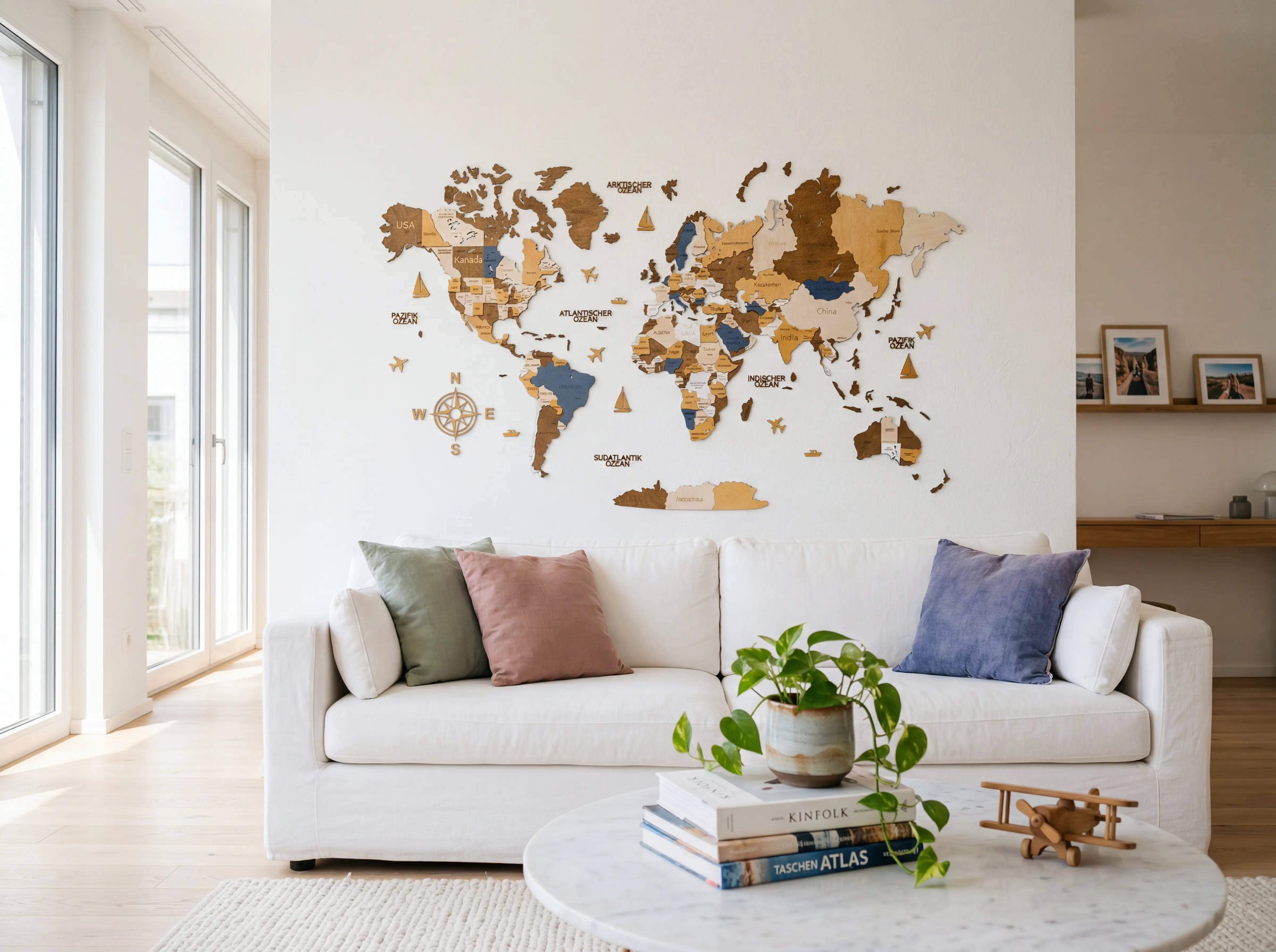 WOW WOOD 3D wooden world map Multicolor finish with five earth tones in family living room — birch plywood base with colored continents