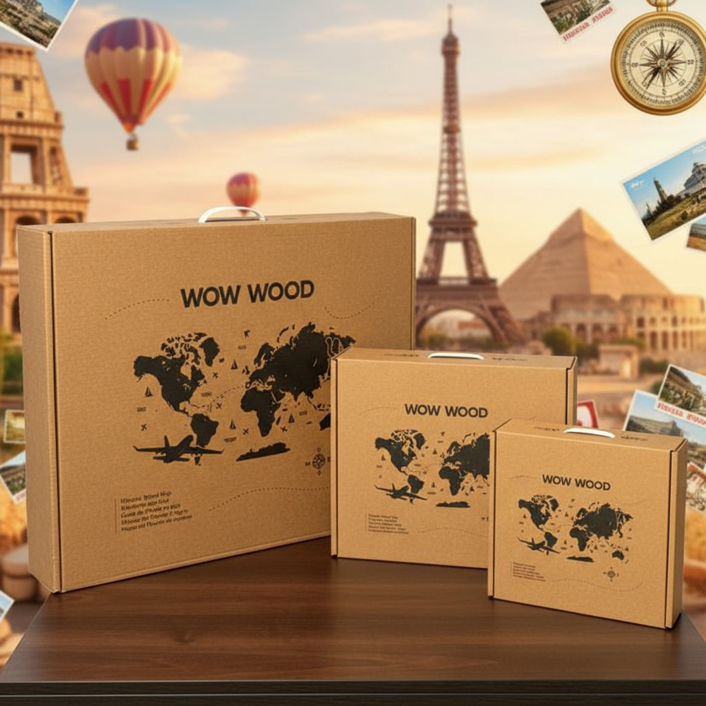 Wooden World Maps Modern craft packaging with a handle