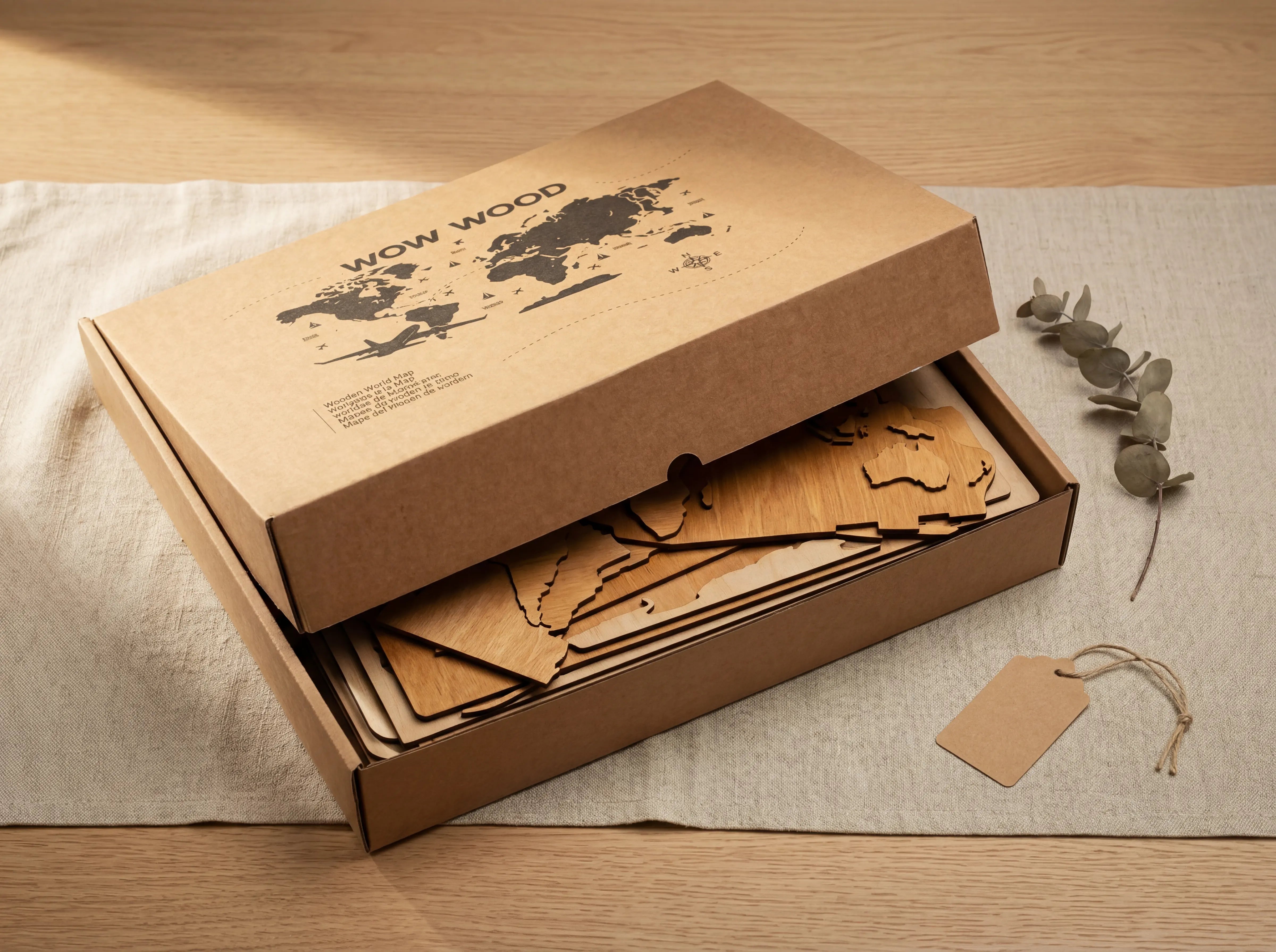 WOW WOOD premium gift packaging — custom box with 3D birch plywood world map, 297 wooden pins with country flags, and acrylic adhesive dots