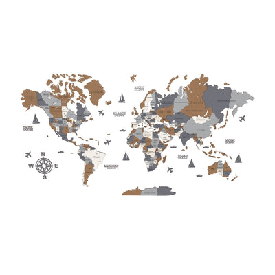 Drewniana mapa świata – kolory ciemnobrązowy i grafitowy | Duża dekoracja ścienna dla miłośników podróży