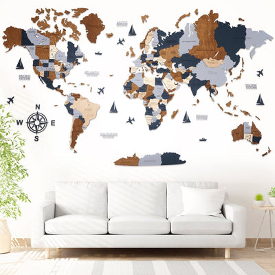 Wooden World Map - Dark Brown, Graphite & Light Wood Colors | Large Wall Decor for Travel Lovers | Available in English, German, Italian, French & Spanish - WOW WOOD