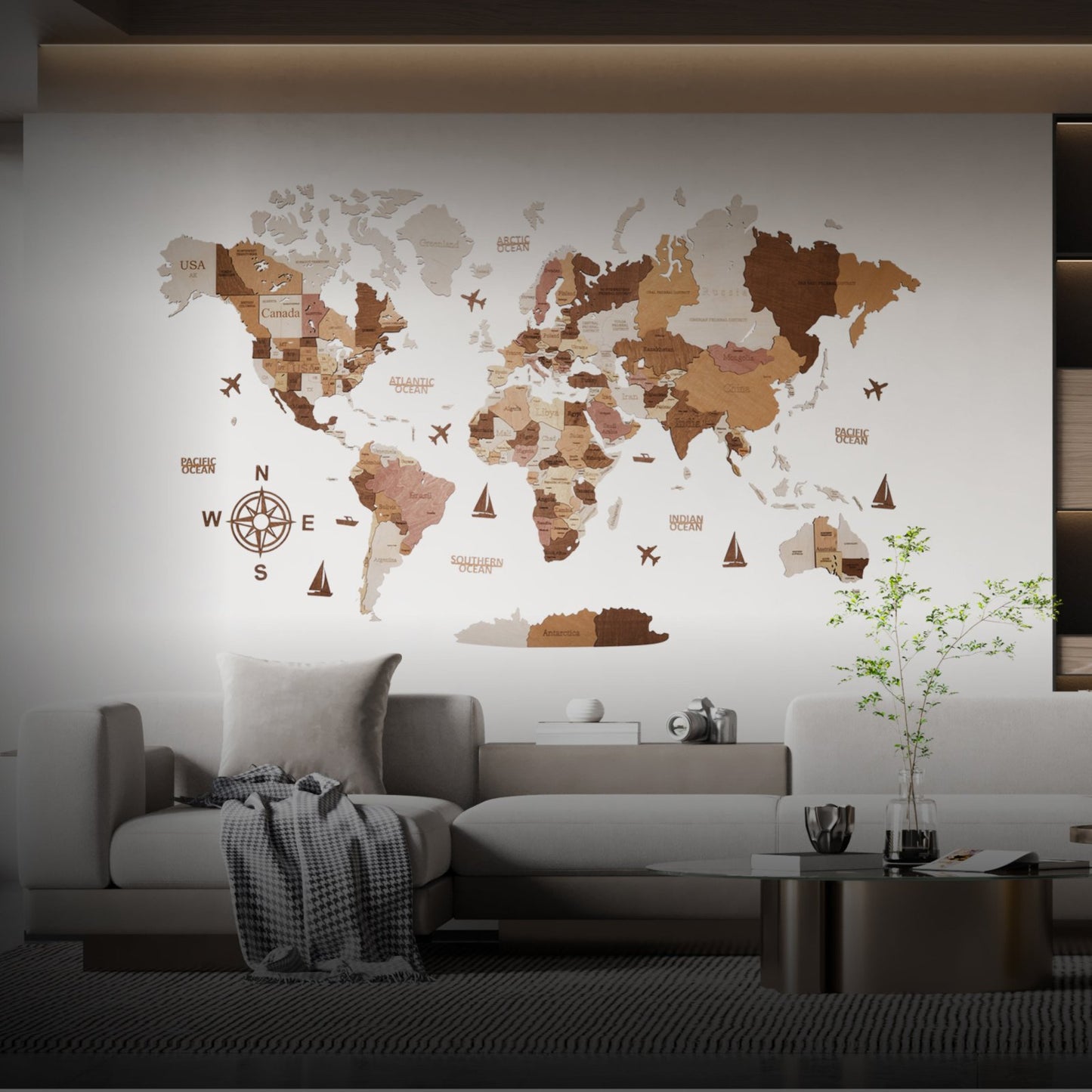 Wooden World Map - Light Wood Tones | Large Wall Decor for Travel Lovers | Available in English, German, Italian, French & Spanish - WOW WOOD