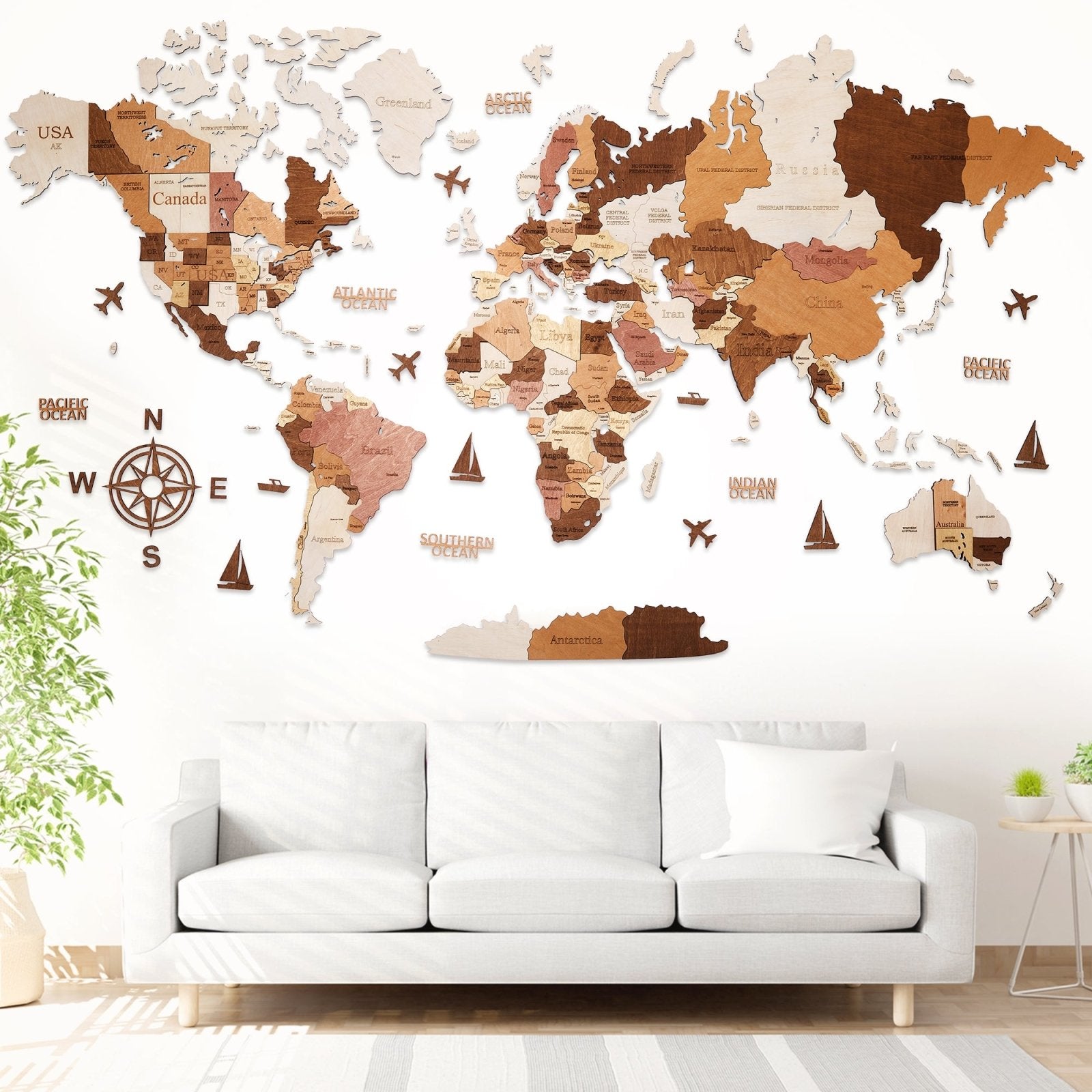 Premium Wanddekor 3D Weltkarte aus Holz in Deutsch mit Pins | Holzfarbe - WOW WOOD