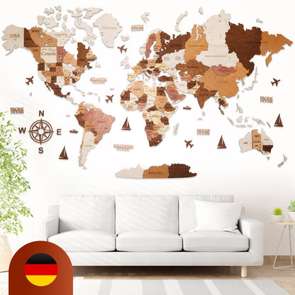Premium Wanddekor 3D Weltkarte aus Holz in Deutsch mit Pins | Holzfarbe - WOW WOOD