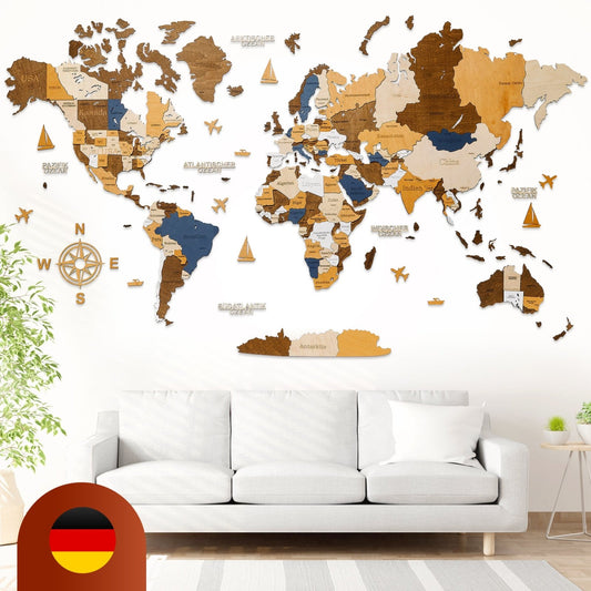 Premium Wanddekor 3D Weltkarte aus Holz in Deutsch mit Pins | Mehrfarbig - WOW WOOD