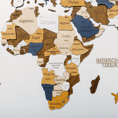 Premium Wanddekor 3D Weltkarte aus Holz in Deutsch mit Pins | Mehrfarbig - WOW WOOD